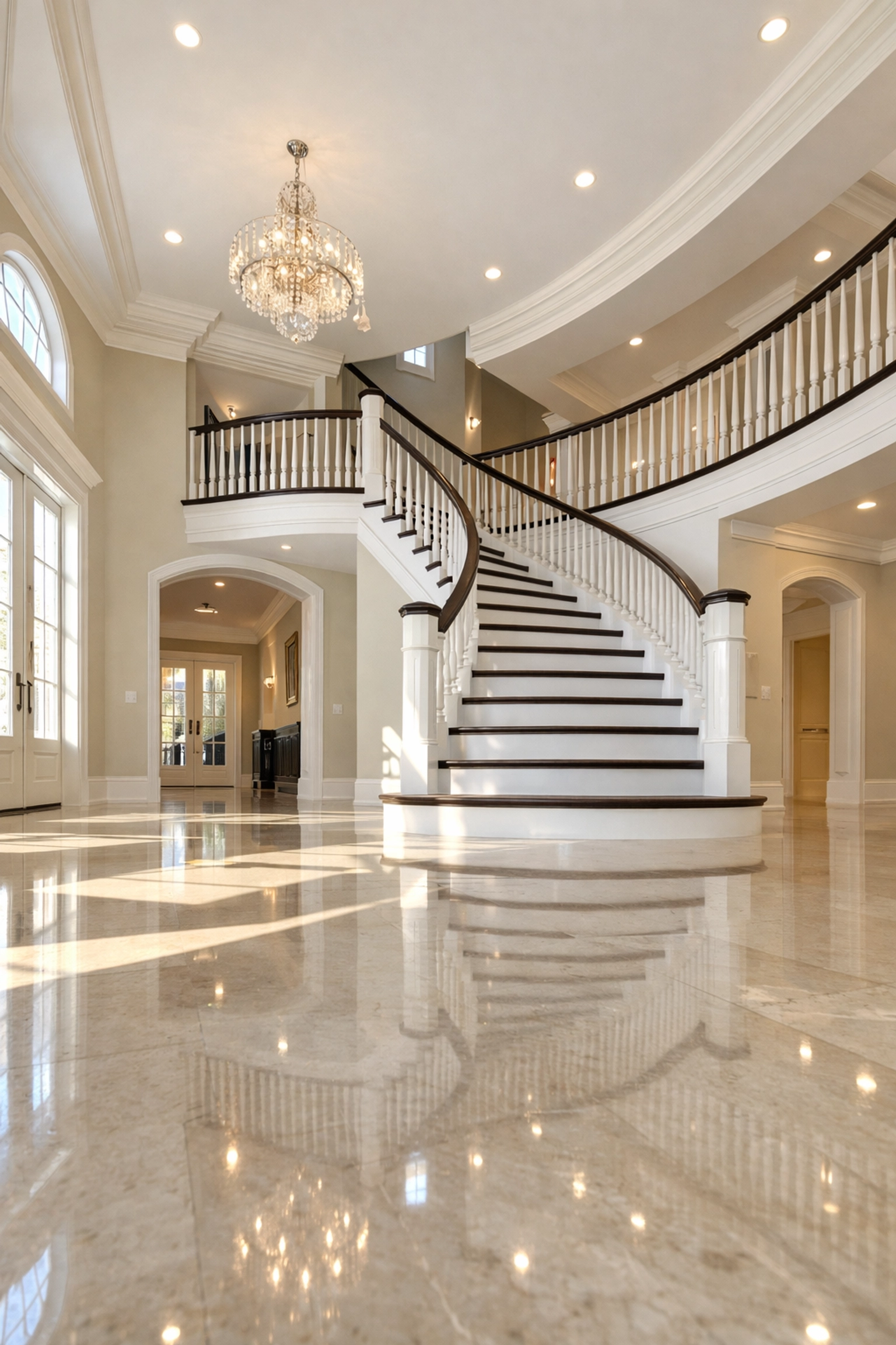 Clean, empty foyer of a luxury Concord home showing spotless floors and a grand staircase.