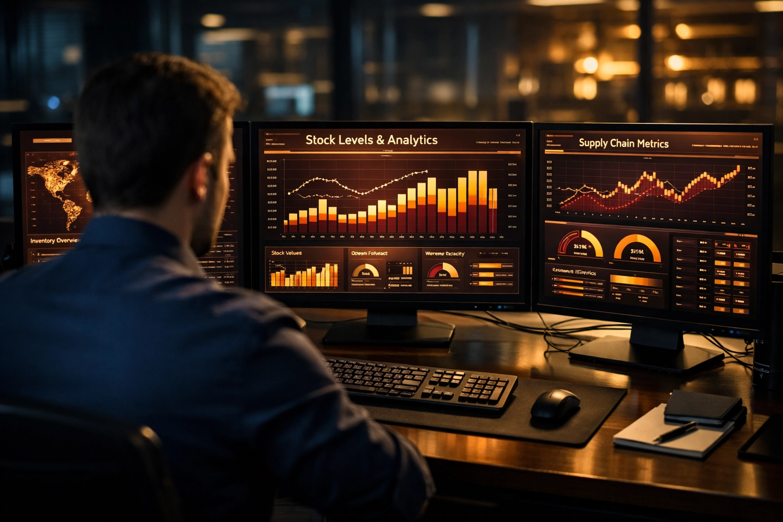 Logistics analyst tracking ecommerce inventory management data on a dashboard.