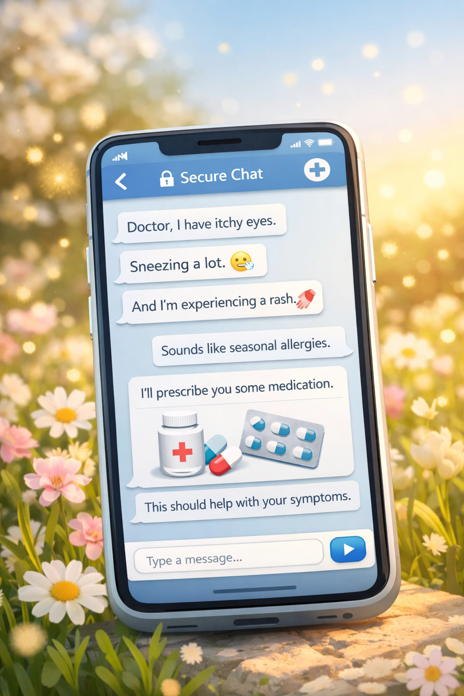 Smartphone displaying online doctor chat for same-day allergy prescription during spring season