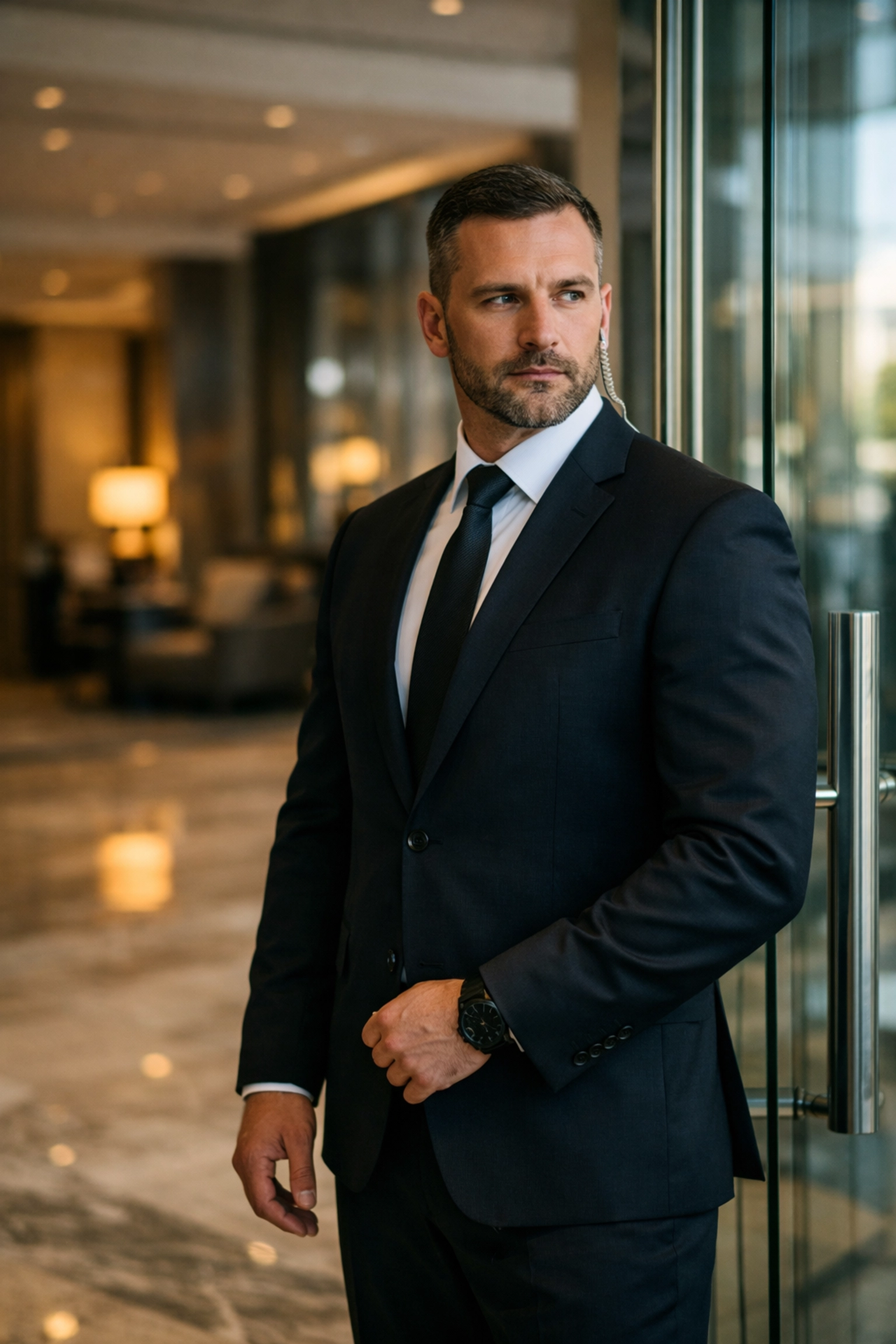 Professional executive protection specialist providing VIP security at corporate event