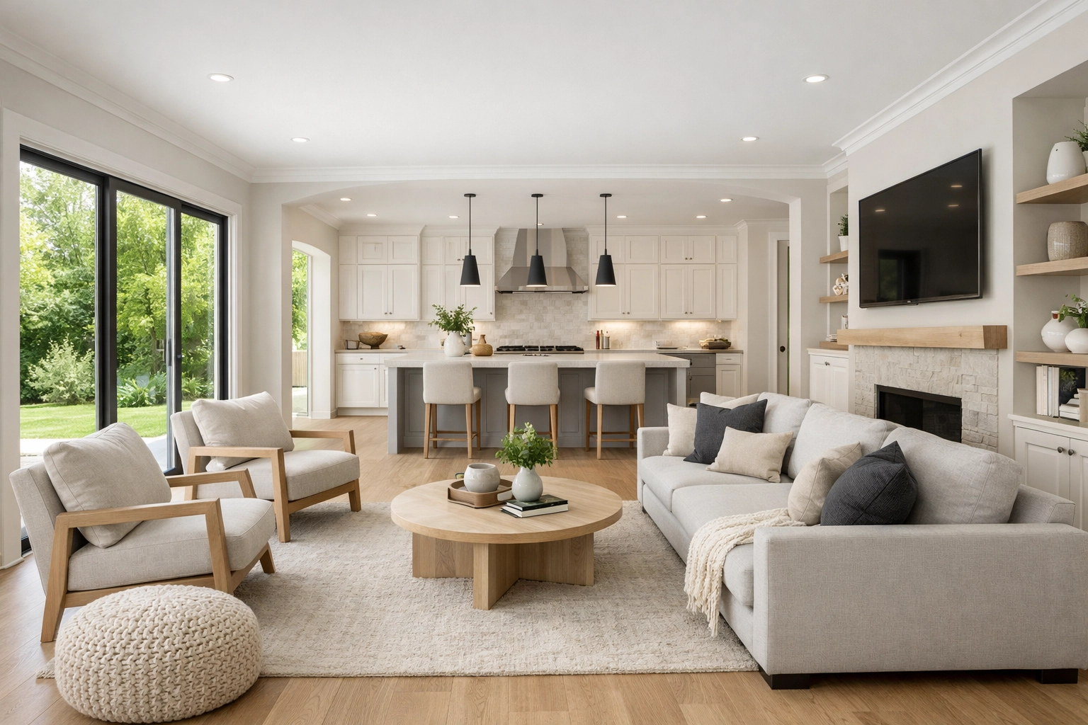 Stunning open-concept living area and kitchen renovation in Orlando with light oak floors and modern interiors.