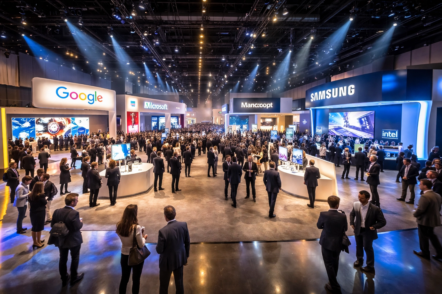 Professional sponsorship event with brand activation booths and attendees engaging in networking and demonstrations