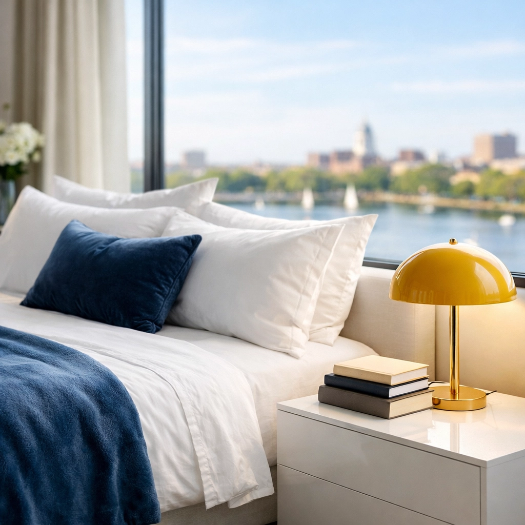 Spotless luxury bedroom with Charles River views, the result of professional house cleaning Cambridge MA.