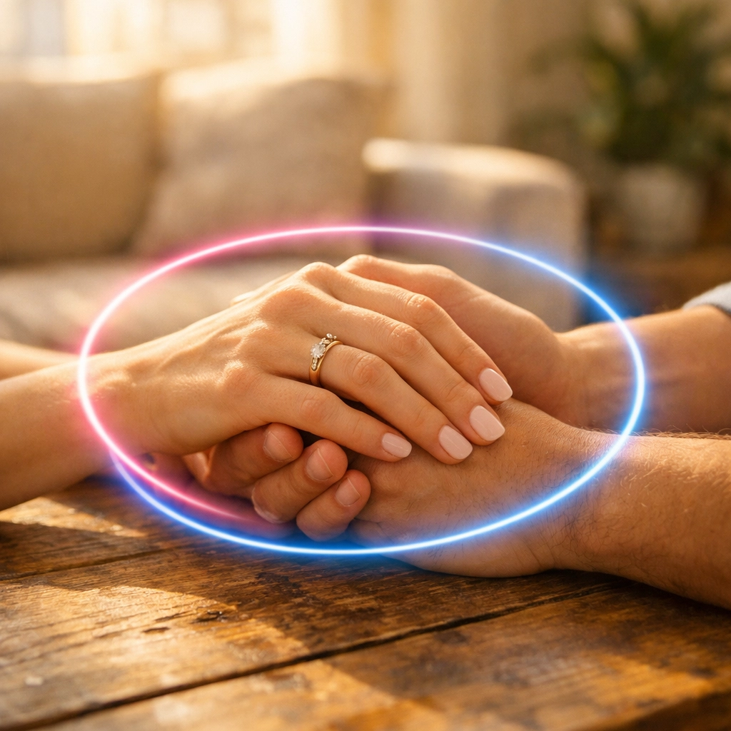 Two people holding hands on a table, symbolizing unconditional love and support for a trans partner.