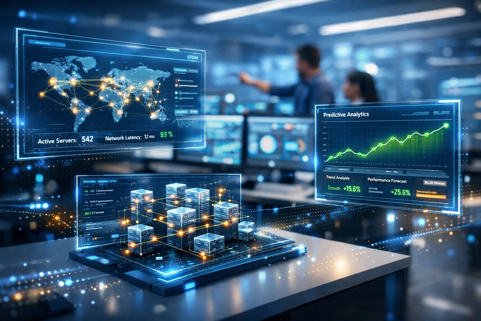 AI-powered ServiceNow ITOM dashboard displaying real-time infrastructure monitoring and ROI metrics