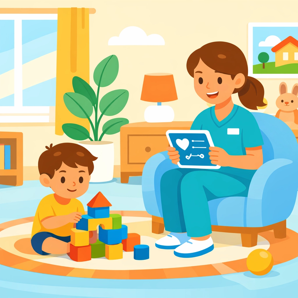Pediatric nurse in a sunny living room providing GAPP home care services for a child in Georgia.