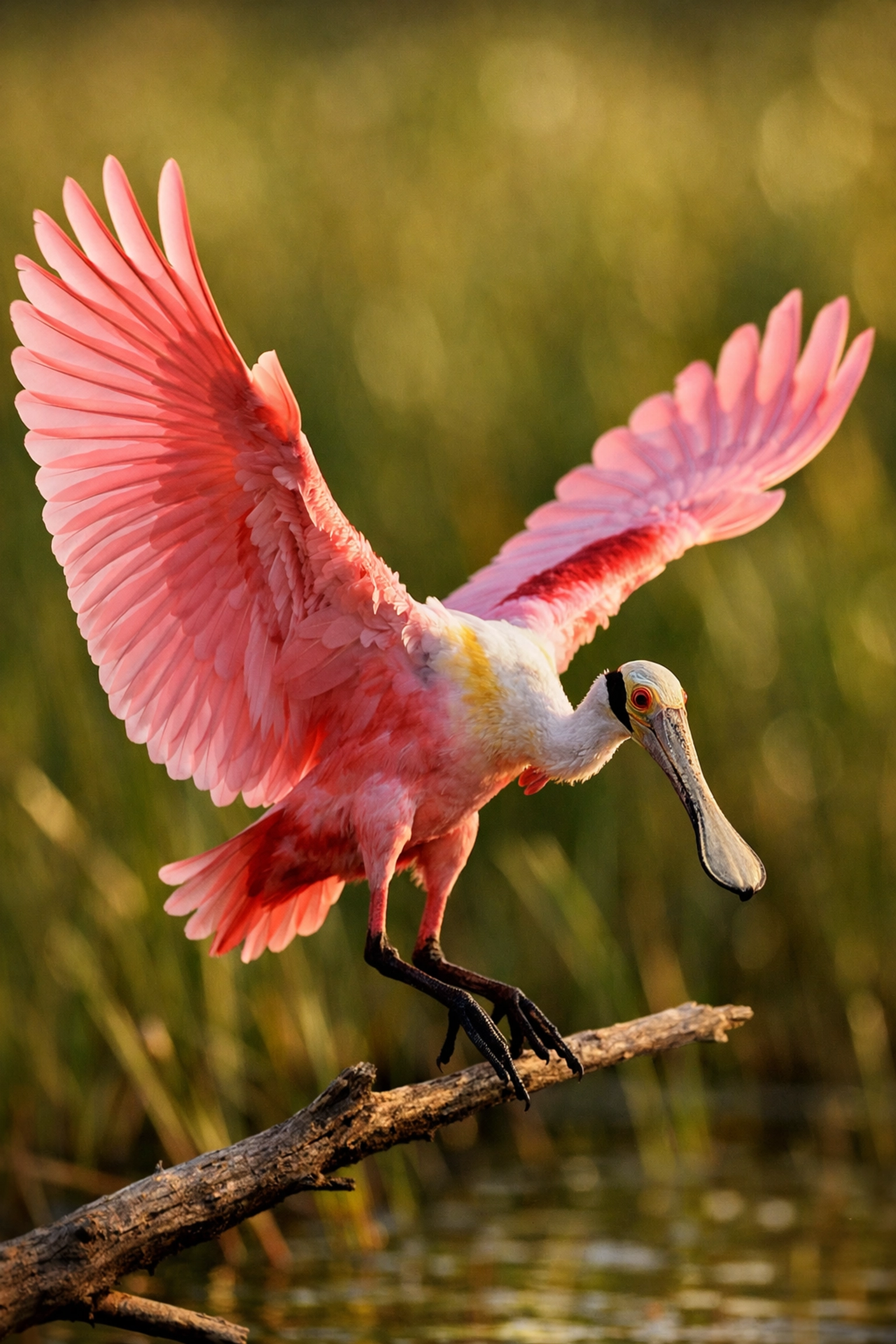 Detailed shot of a Roseate Spoonbill landing, highlighting Everglades wildlife photography spots.