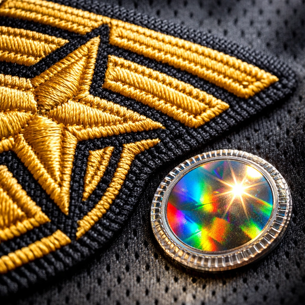 Detailed embroidery and security hologram on an authentic sports jersey ensuring quality and provenance.