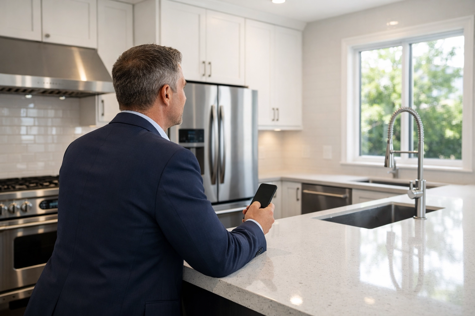 Portfolio manager performing a final inspection of a clean modern kitchen before a new move-in.