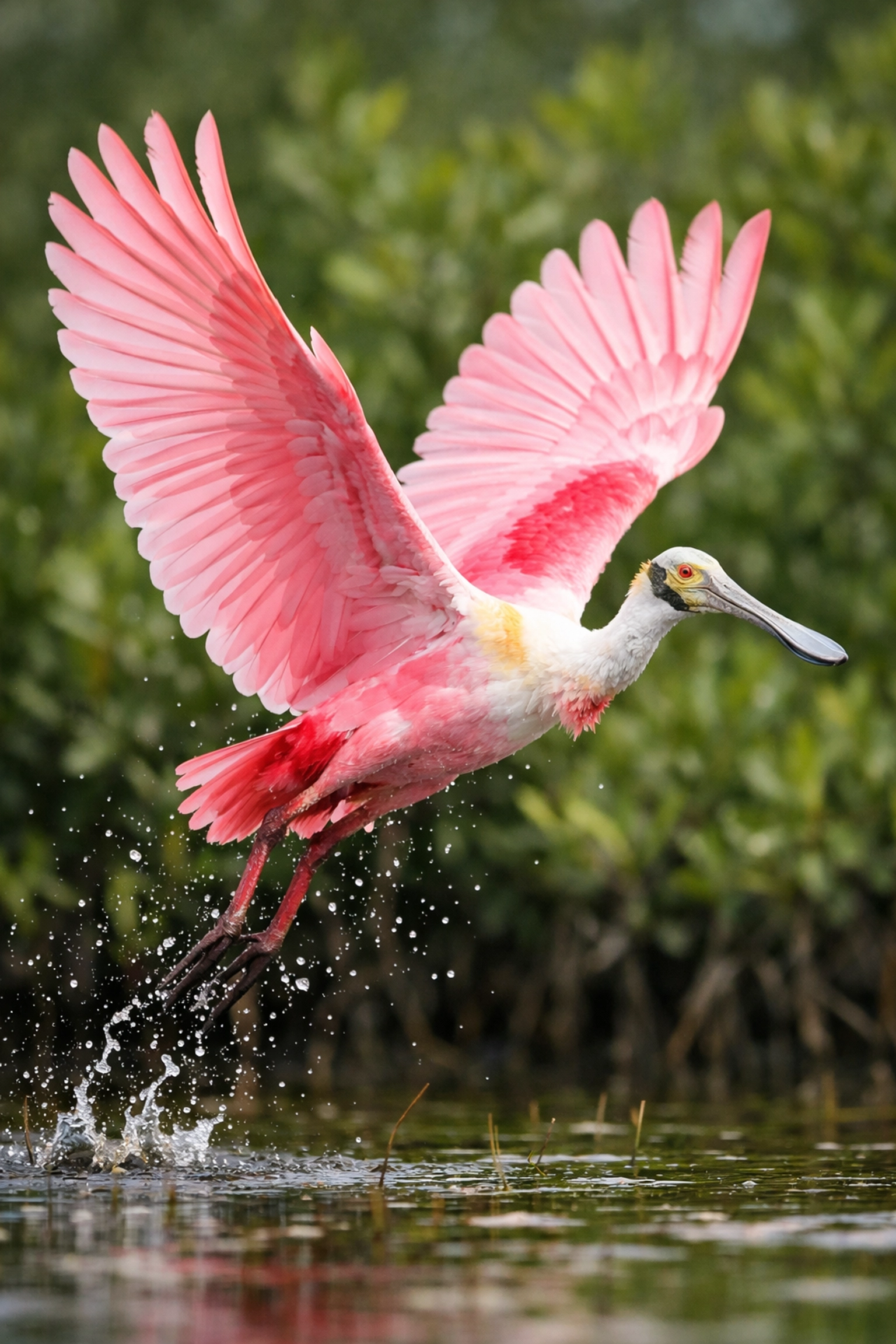 Vibrant Roseate Spoonbill bird in flight with wings extended over a shallow Everglades marsh.