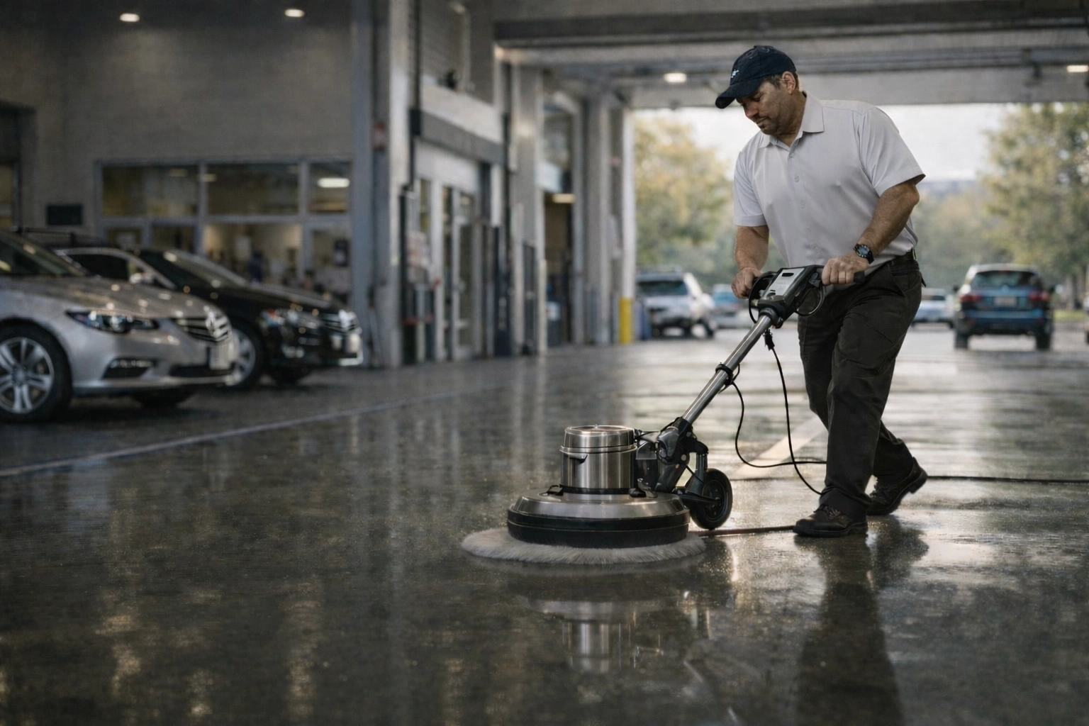 Professional car dealership showroom cleaning with mirror-finish floor polishing in Bergen County