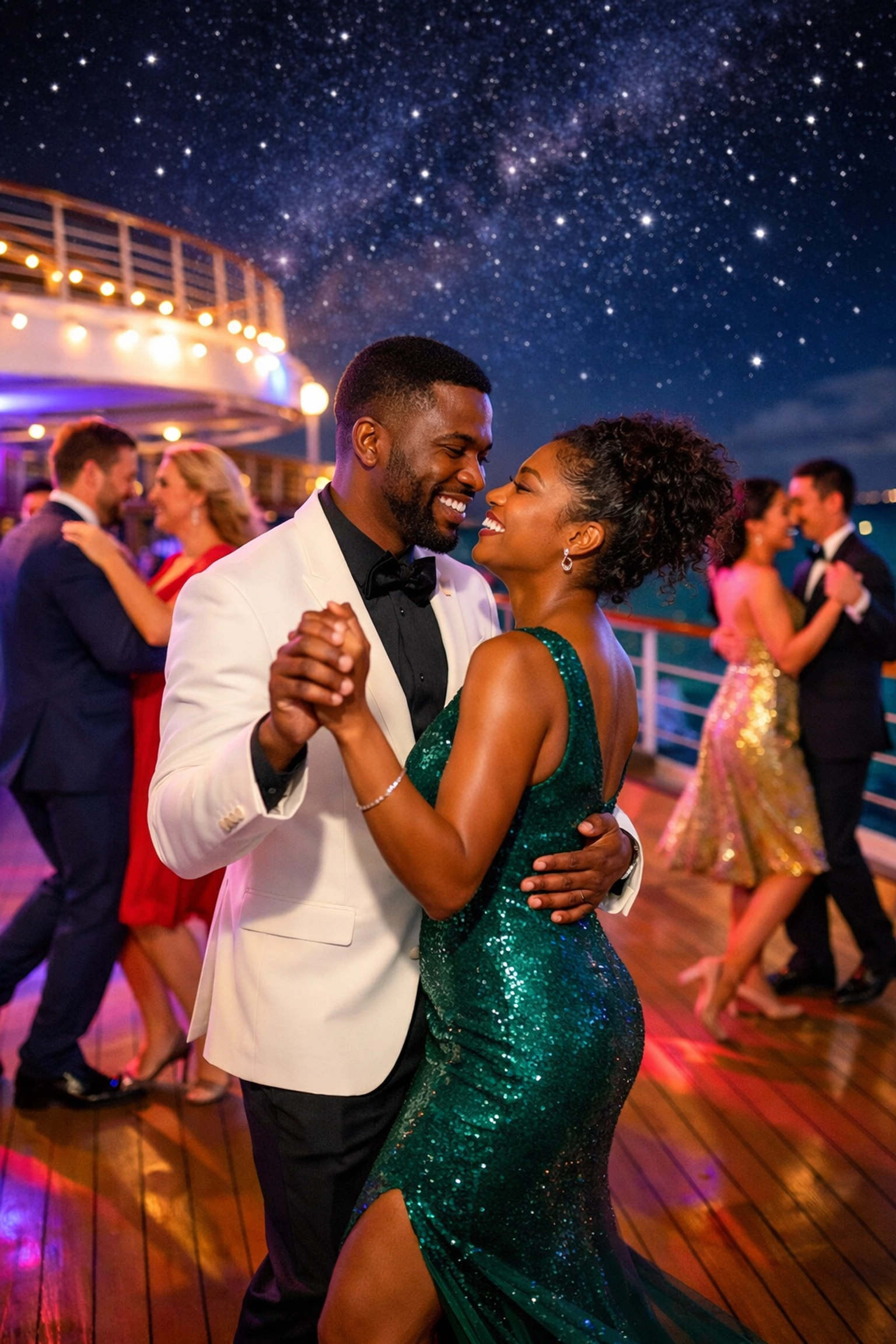 Couples dancing together at nighttime deck party on lifestyle cruise ship under stars