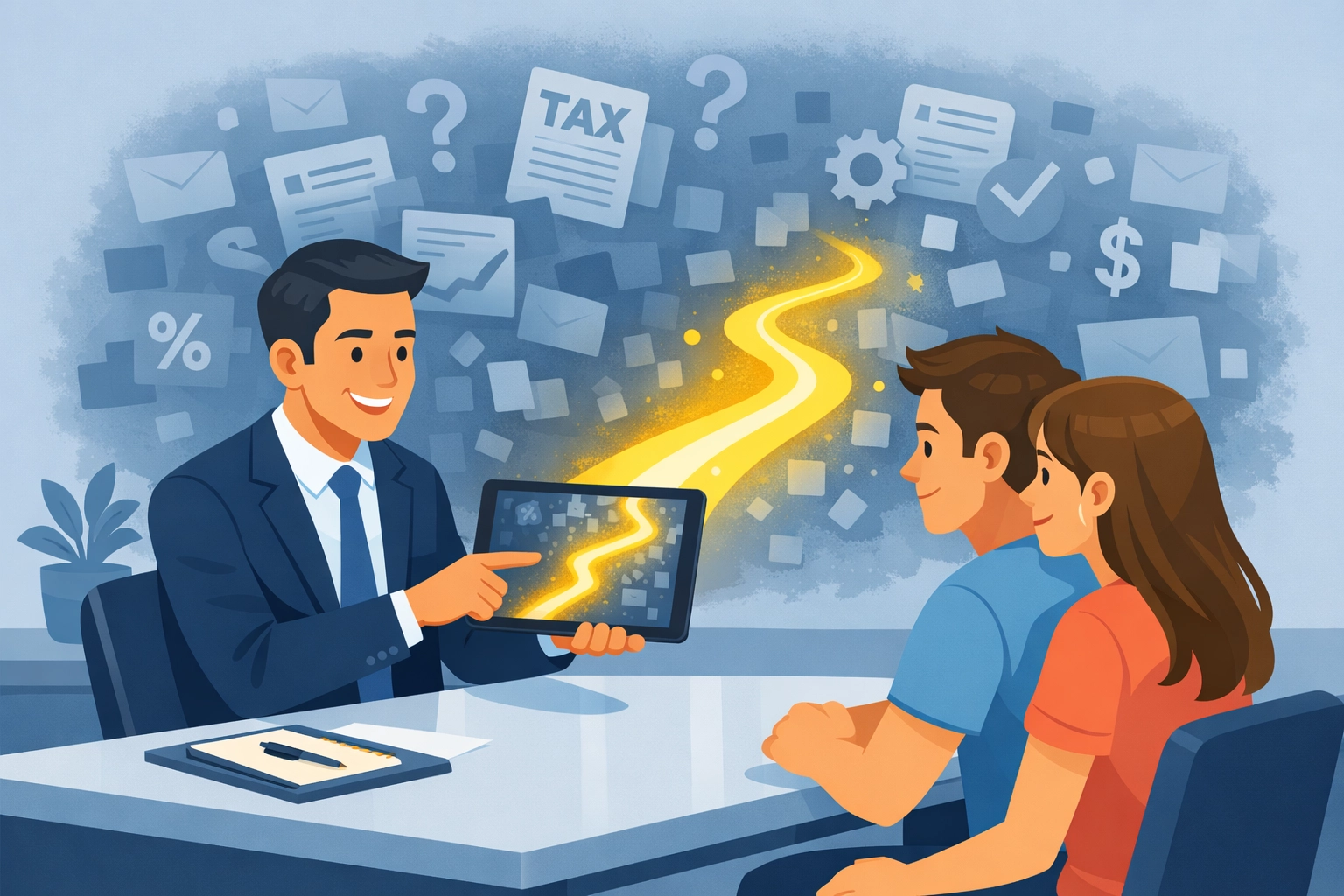 A concierge tax pro in New Haven guiding a couple through complex tax planning on a digital tablet.