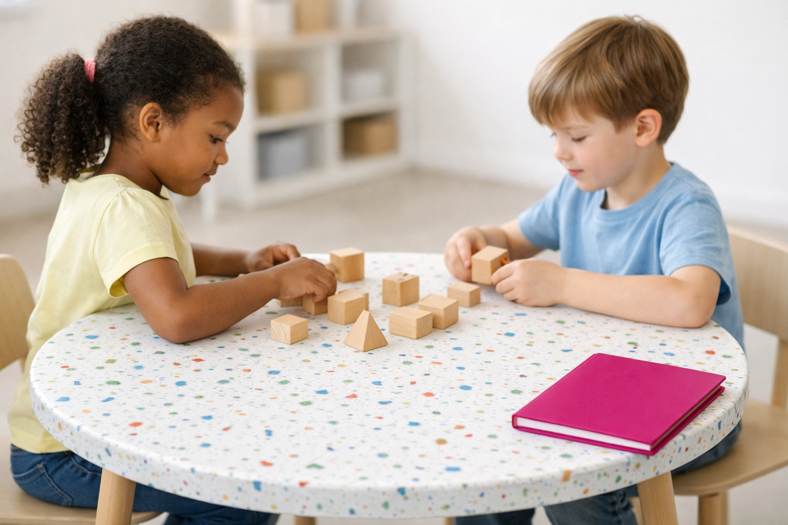Primary students using a 100% recycled plastic table, showing durable furniture for a sustainable school fitout.