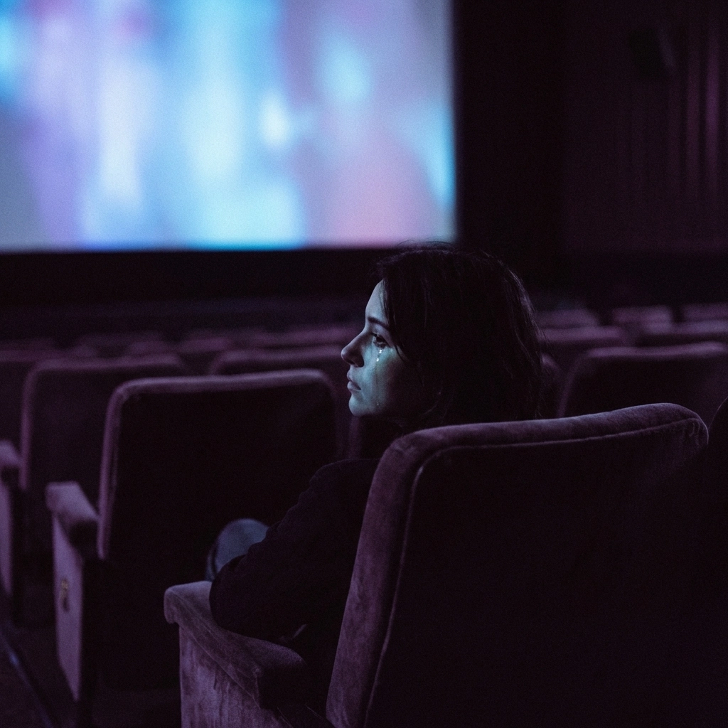 Person sits alone in a movie theater, illuminated by screen light, symbolizing safe emotional release through films and emotional avoidance.