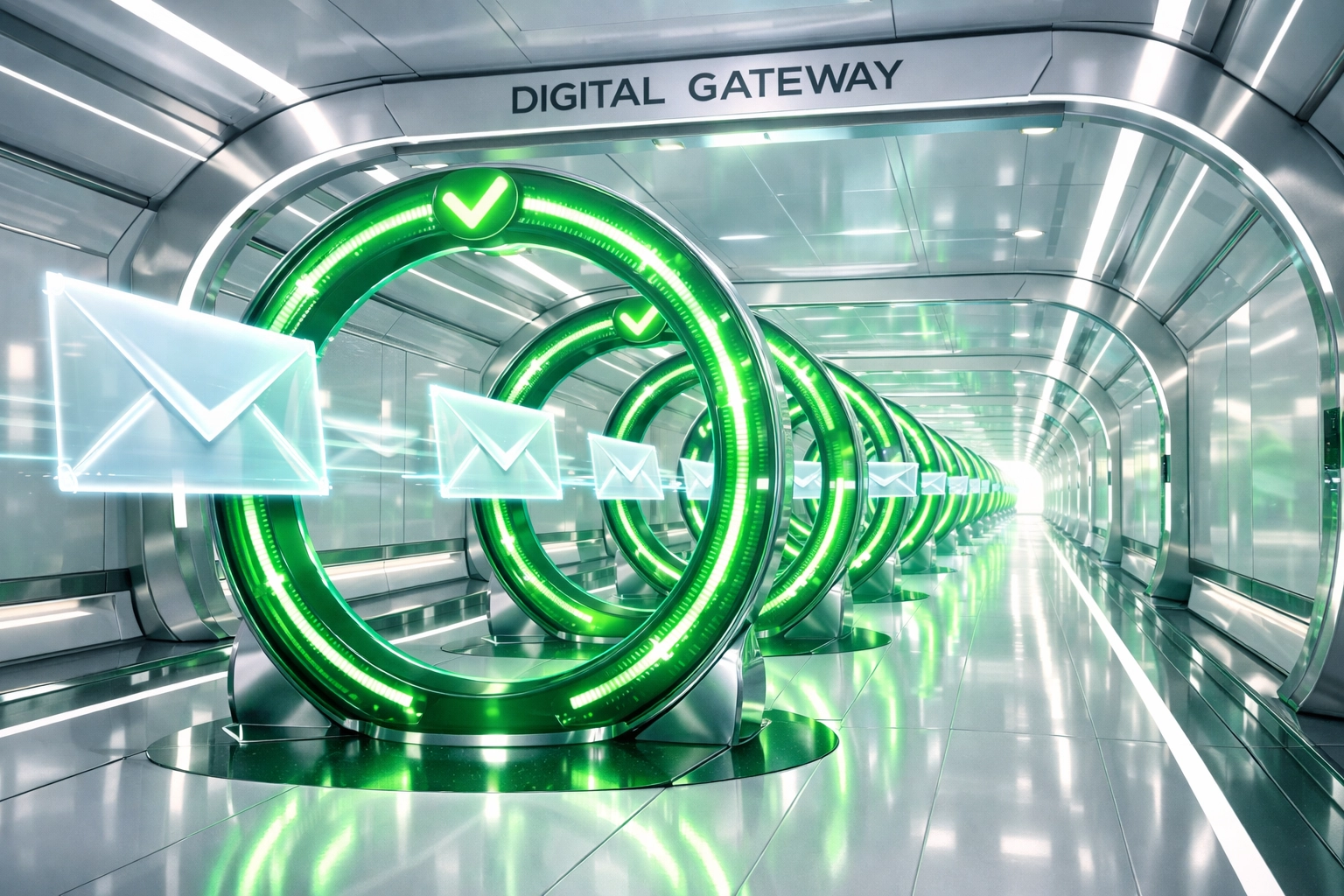 Digital envelopes passing through secure verification rings representing high email deliverability and inbox placement.