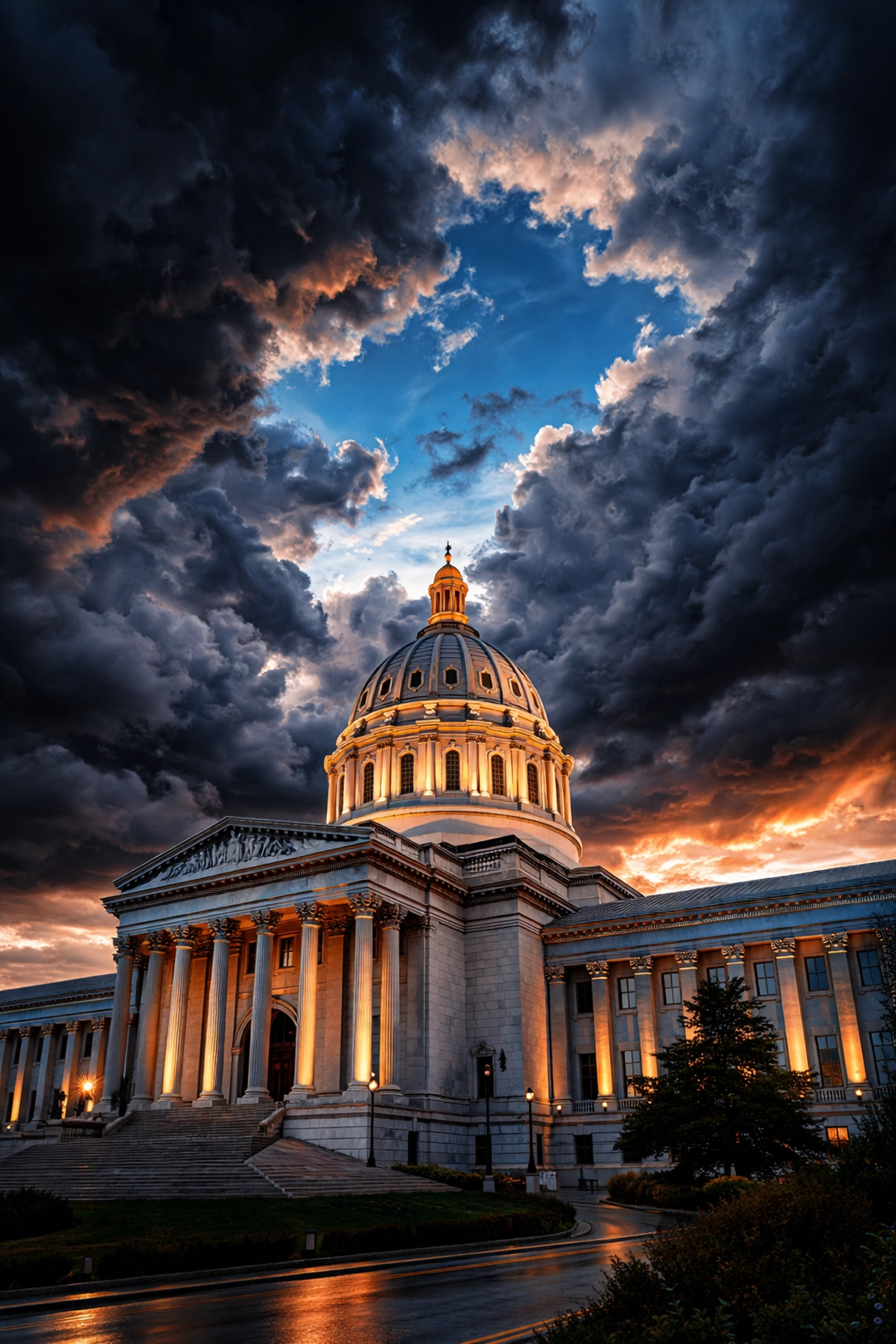 Missouri State Capitol building under clearing storm clouds, representing 2026 vehicle inspection laws.
