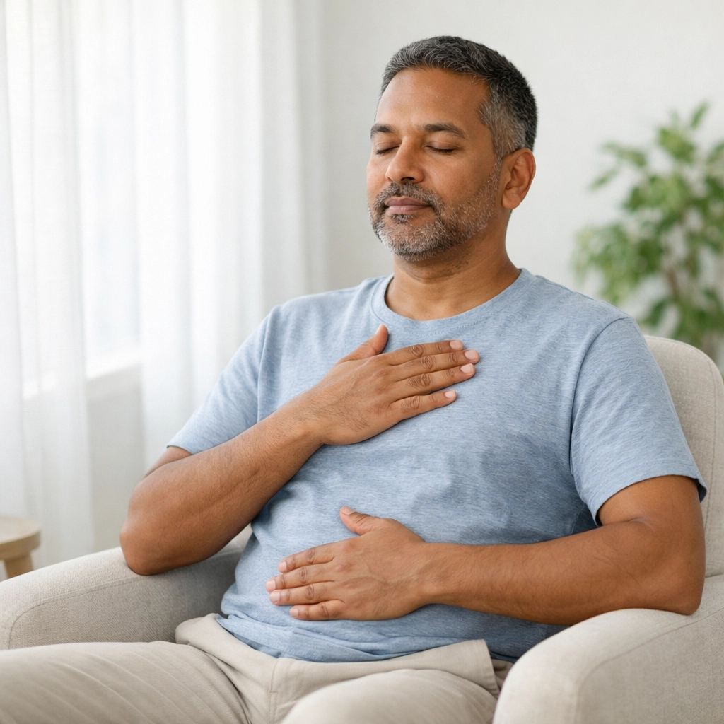 Man practicing deep breathing exercises to calm public speaking nerves