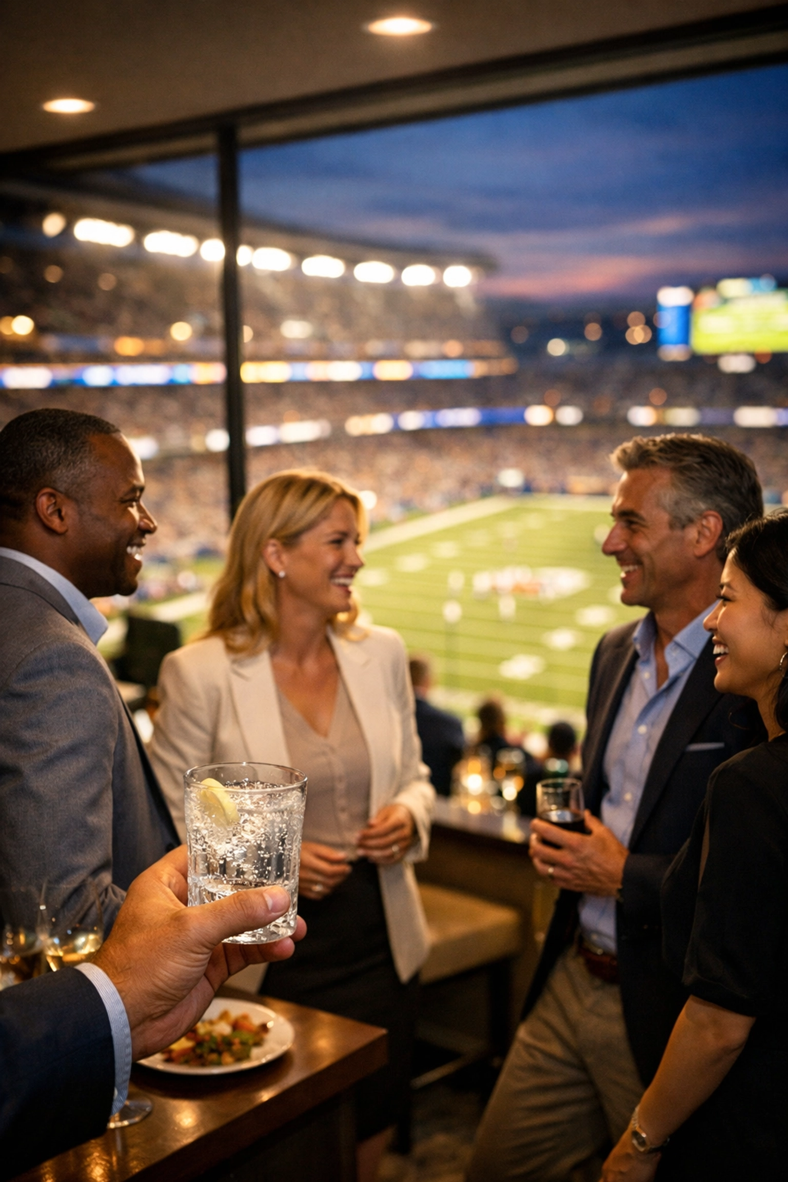 Business executives networking in a luxury stadium suite during a Super Bowl VIP hosting event.