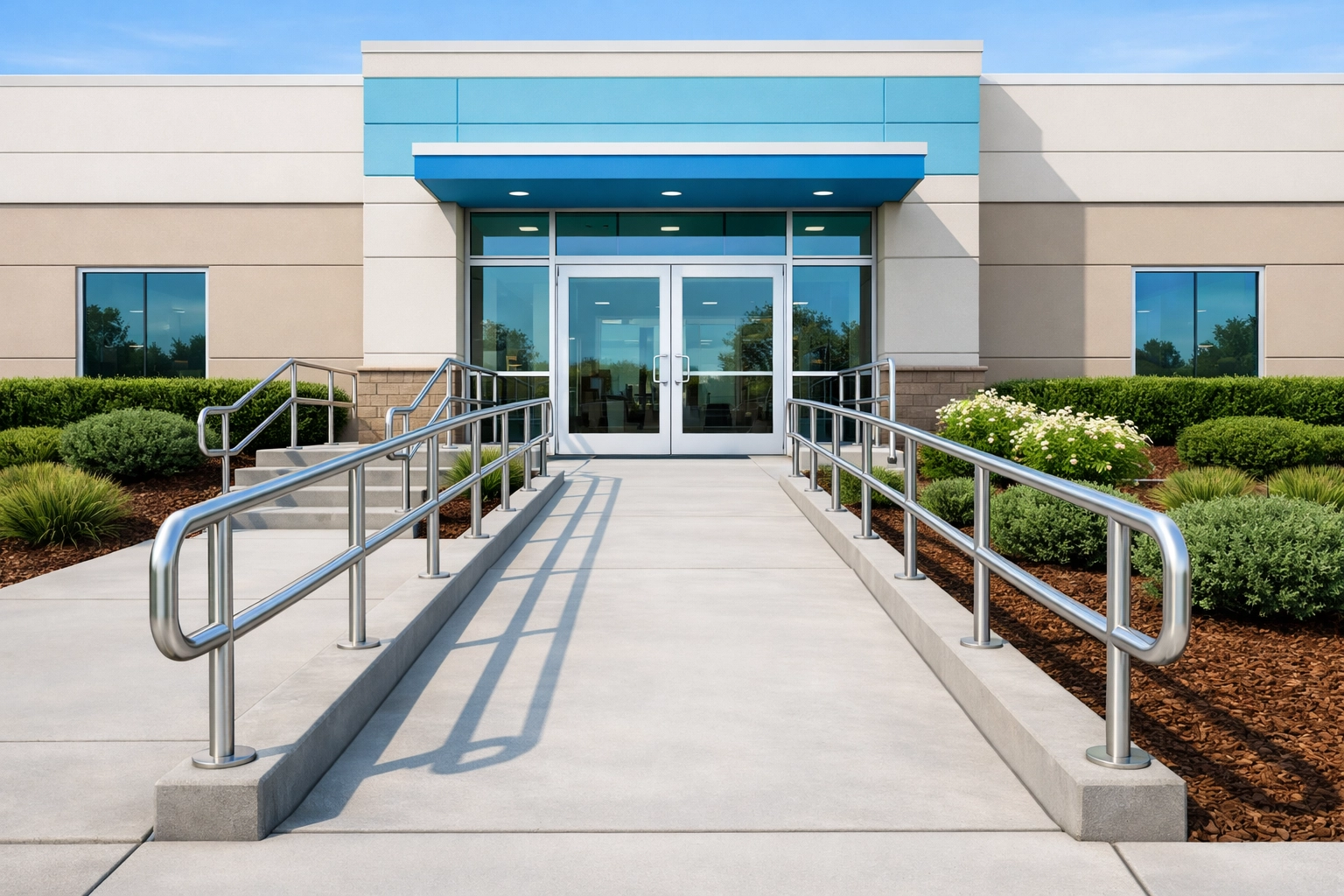 ADA compliant ramp and handrails at a Florida commercial building entrance.