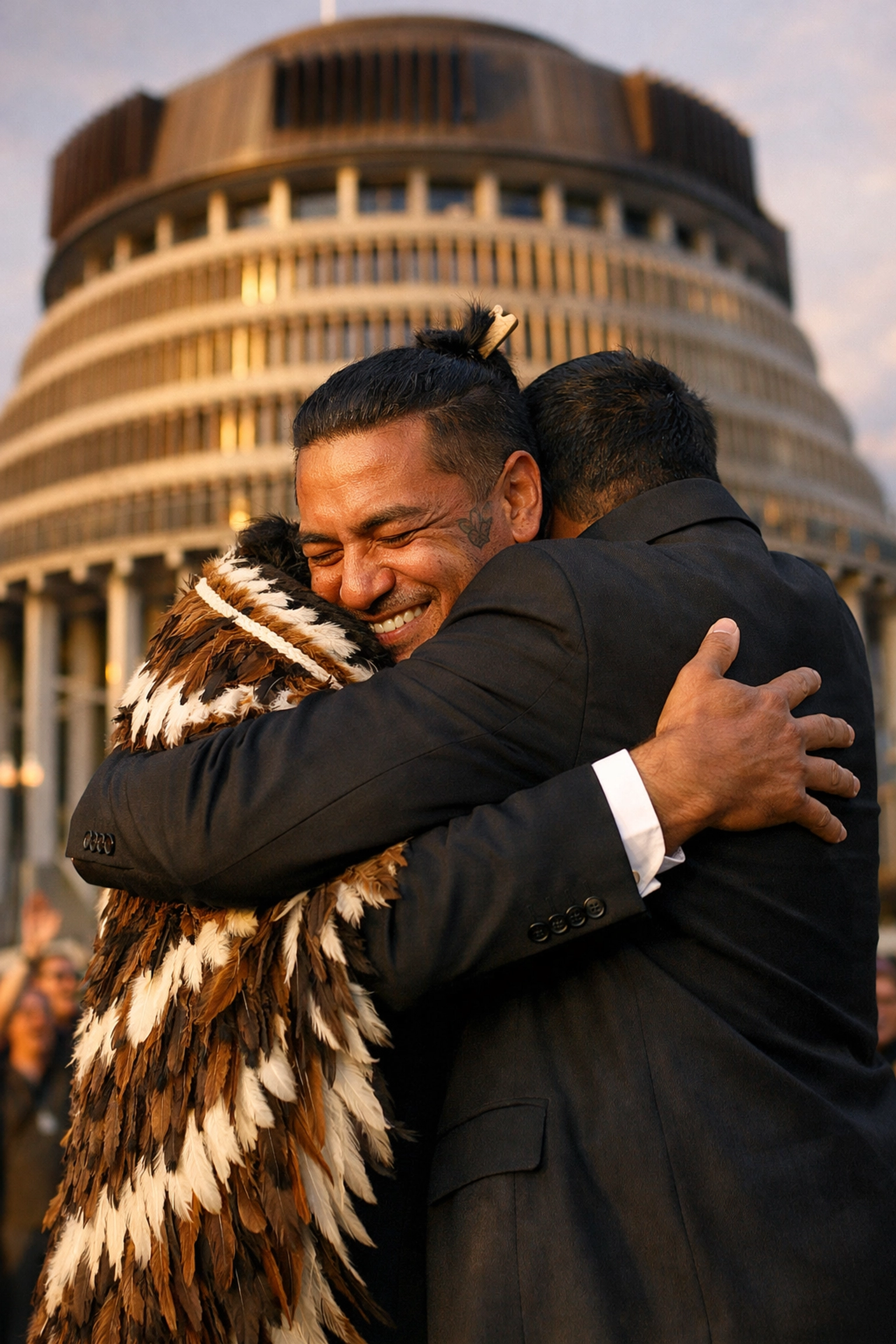 Māori men embrace at the NZ Parliament, celebrating the 2013 marriage equality win for LGBTQ+ couples.