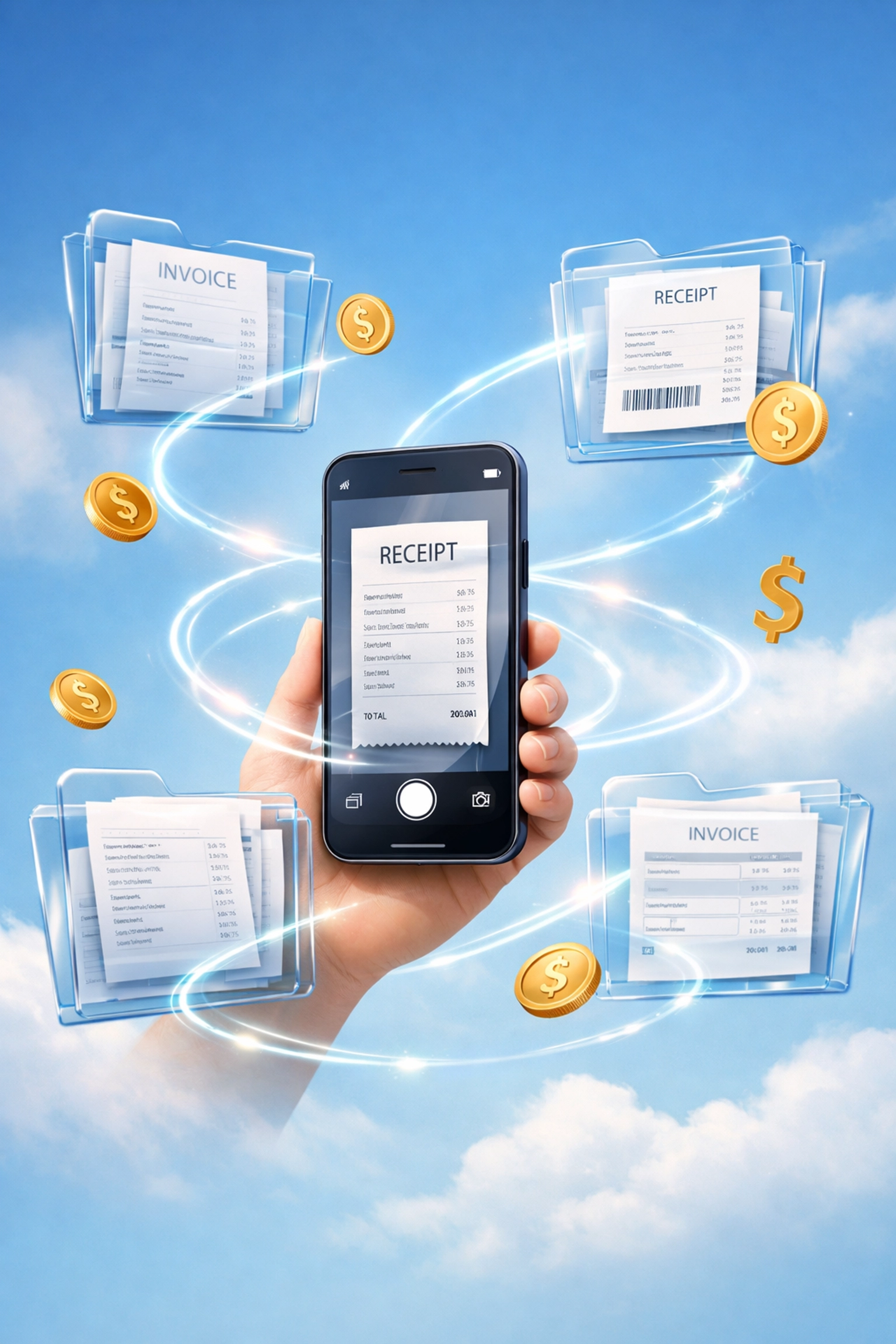Digital receipt tracking system with smartphone capturing expenses for tax-ready bookkeeping