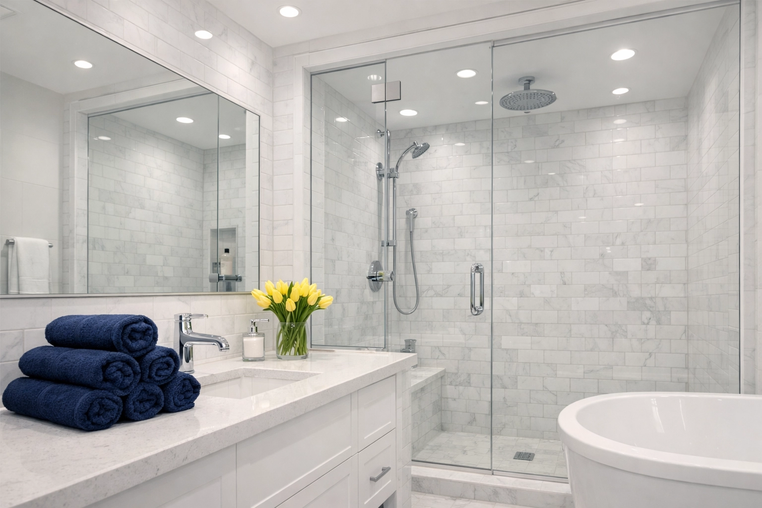 A spotless, sparkling luxury bathroom after a professional Boston apartment move-out cleaning service.