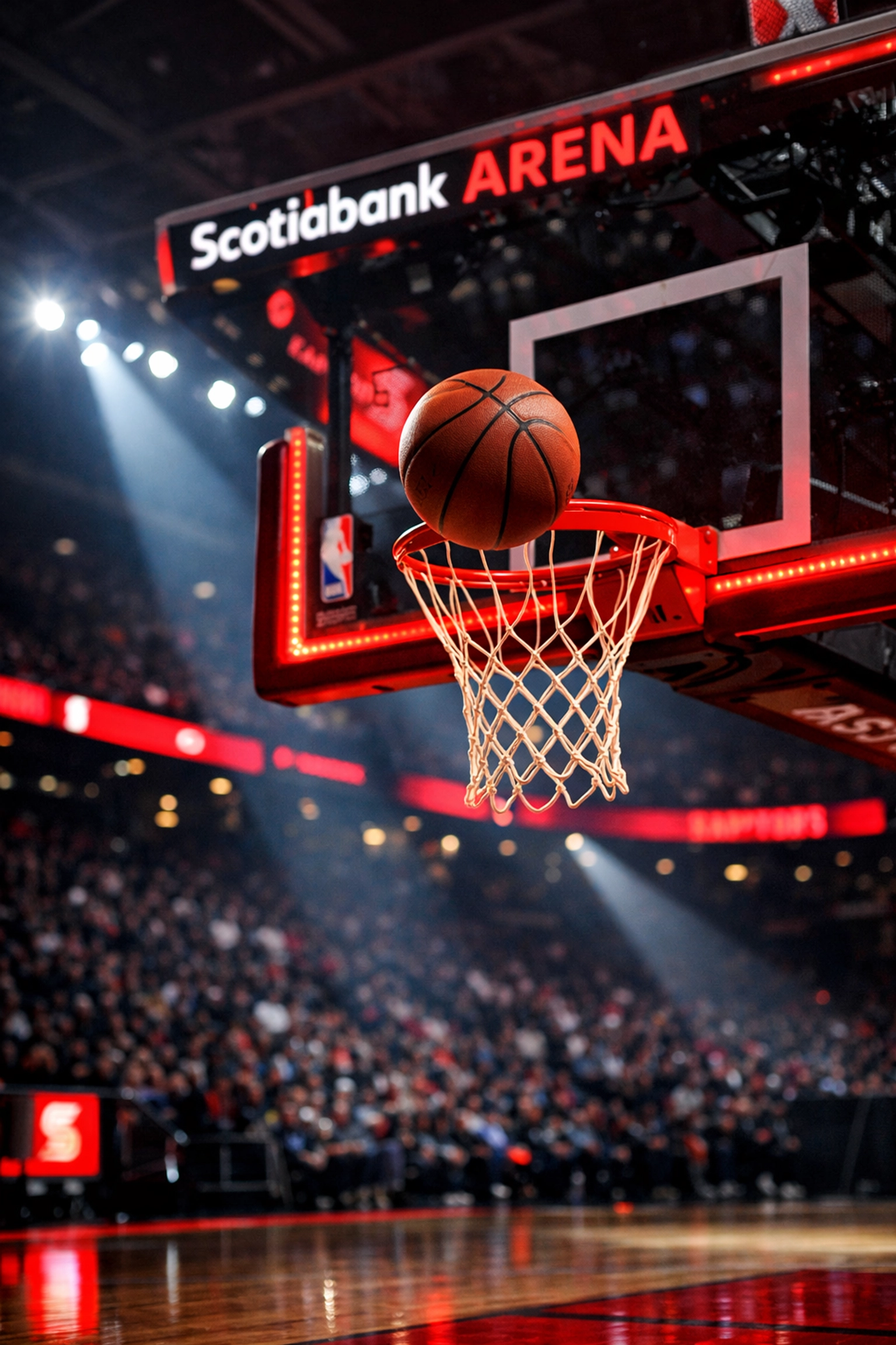 A basketball mid-air during a Toronto Raptors game at Scotiabank Arena, highlighting the city's sports scene.
