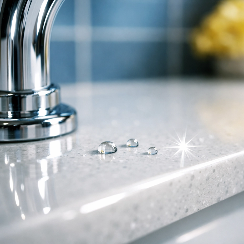 Detailed close-up of a sparkling clean chrome faucet and polished countertop in a Canton commercial building.