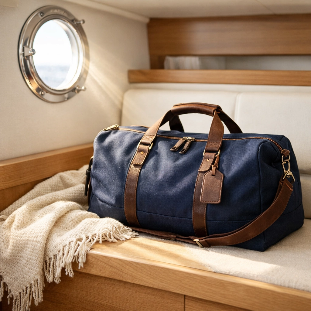 A soft-sided navy duffel bag resting on a wooden bench in a modern yacht cabin, ideal for liveaboard travel.
