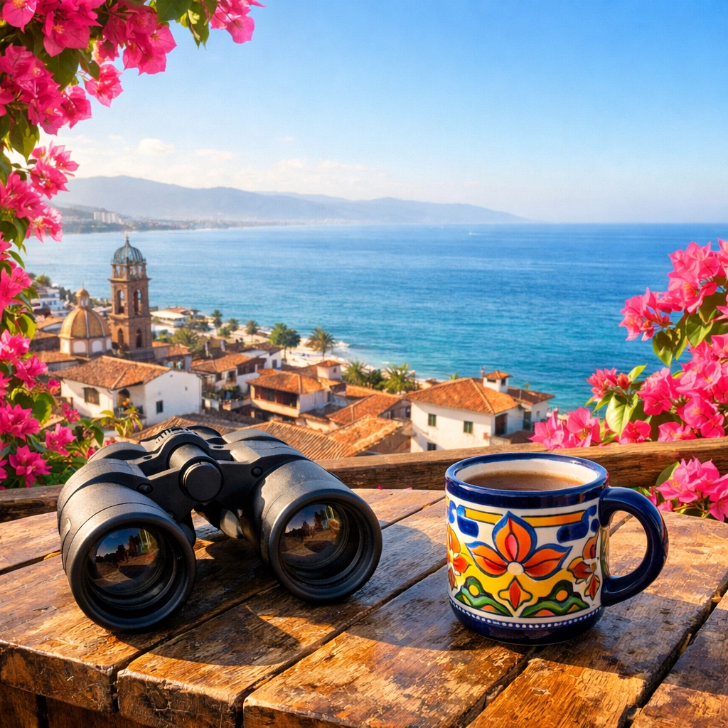 View of Banderas Bay from a condo rental balcony in Old Town Puerto Vallarta, perfect for whale watching.