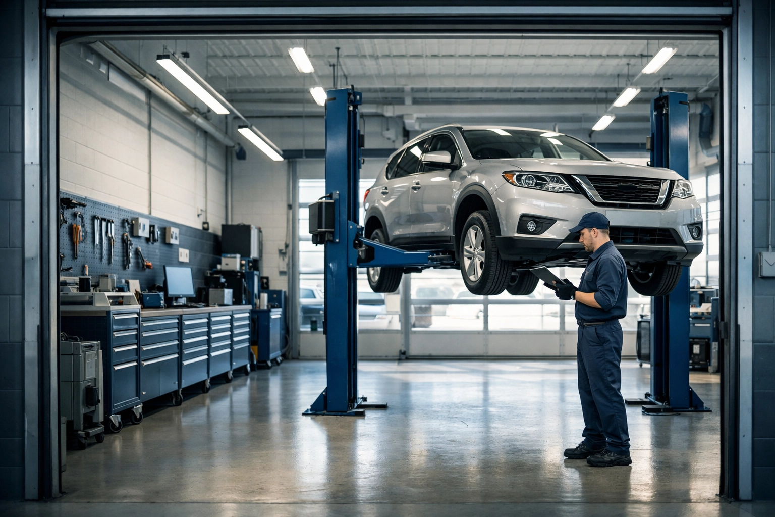 Professional auto repair shop interior with mechanic inspecting vehicle on lift