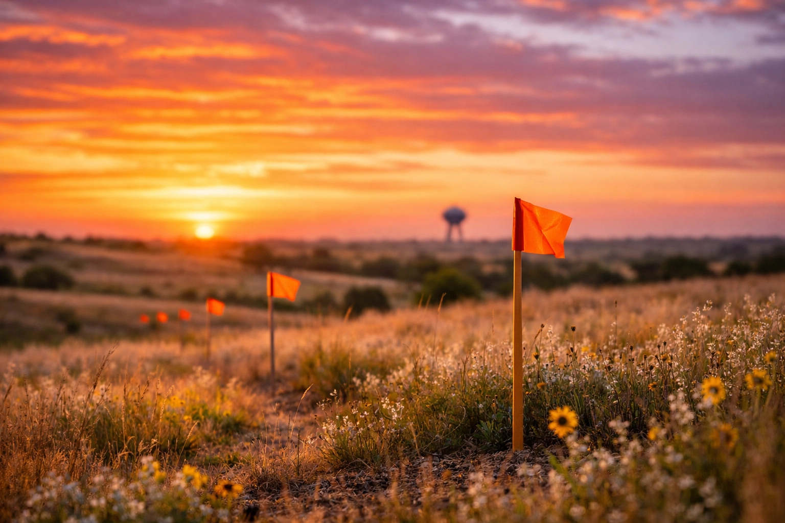 Undeveloped Texas land with survey stakes marking future development site before utilities arrive