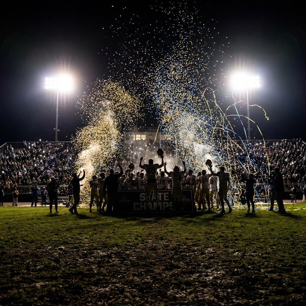 Princeton High School football team celebrates their first state championship on the field at night, surrounded by confetti and fans, capturing a historic West Virginia victory.