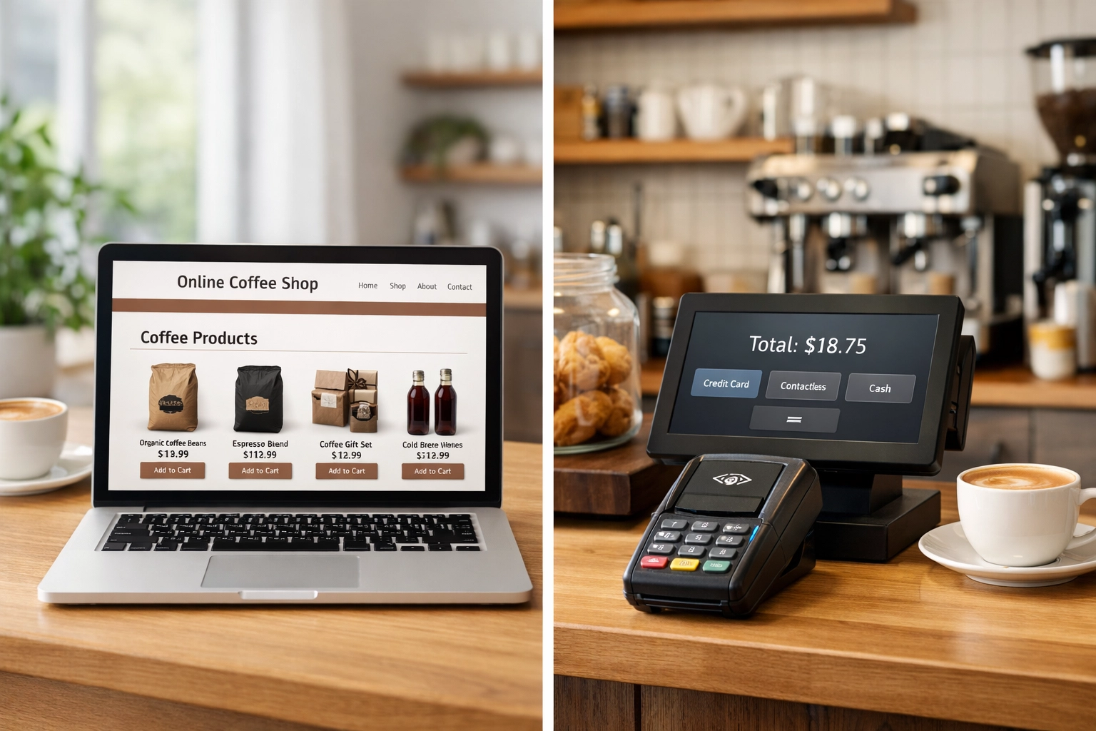 Café POS terminal and laptop showing online shop for omnichannel coffee business