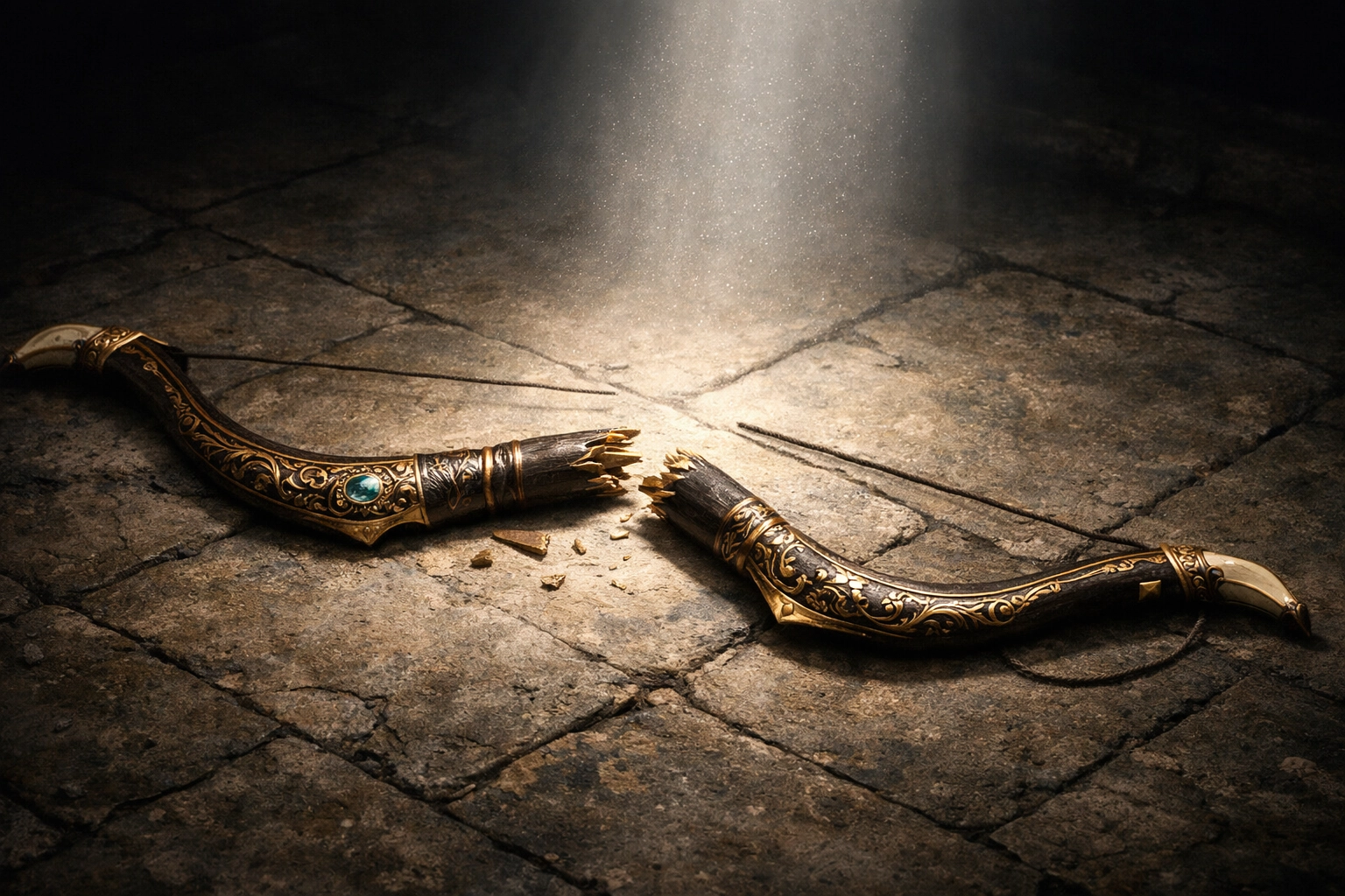 A broken ancient Persian bow in the light, symbolizing the biblical prophecy of Elam in Jeremiah 49.