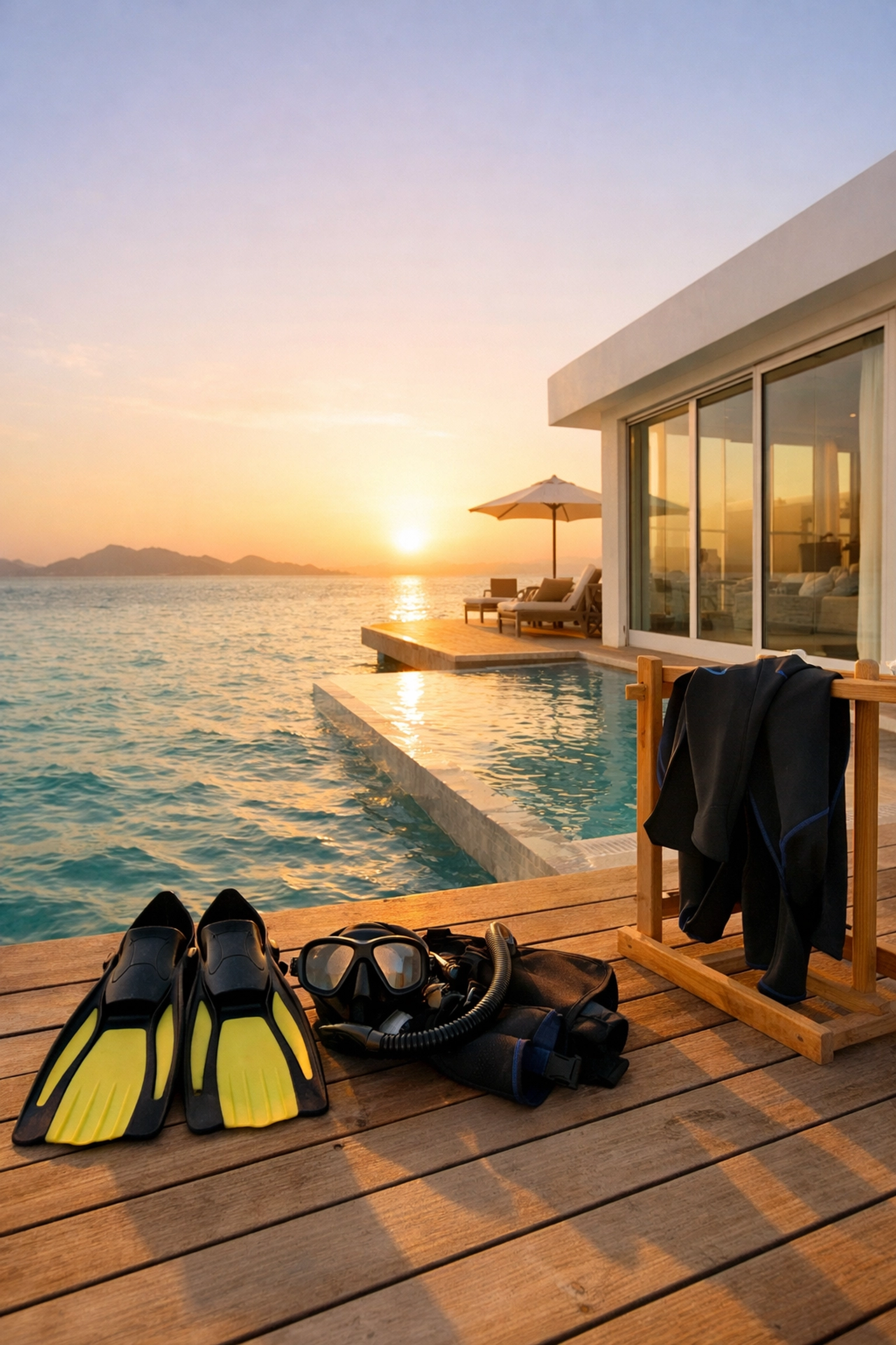 Luxury overwater villa with dive equipment on deck overlooking Saudi Arabia's Red Sea