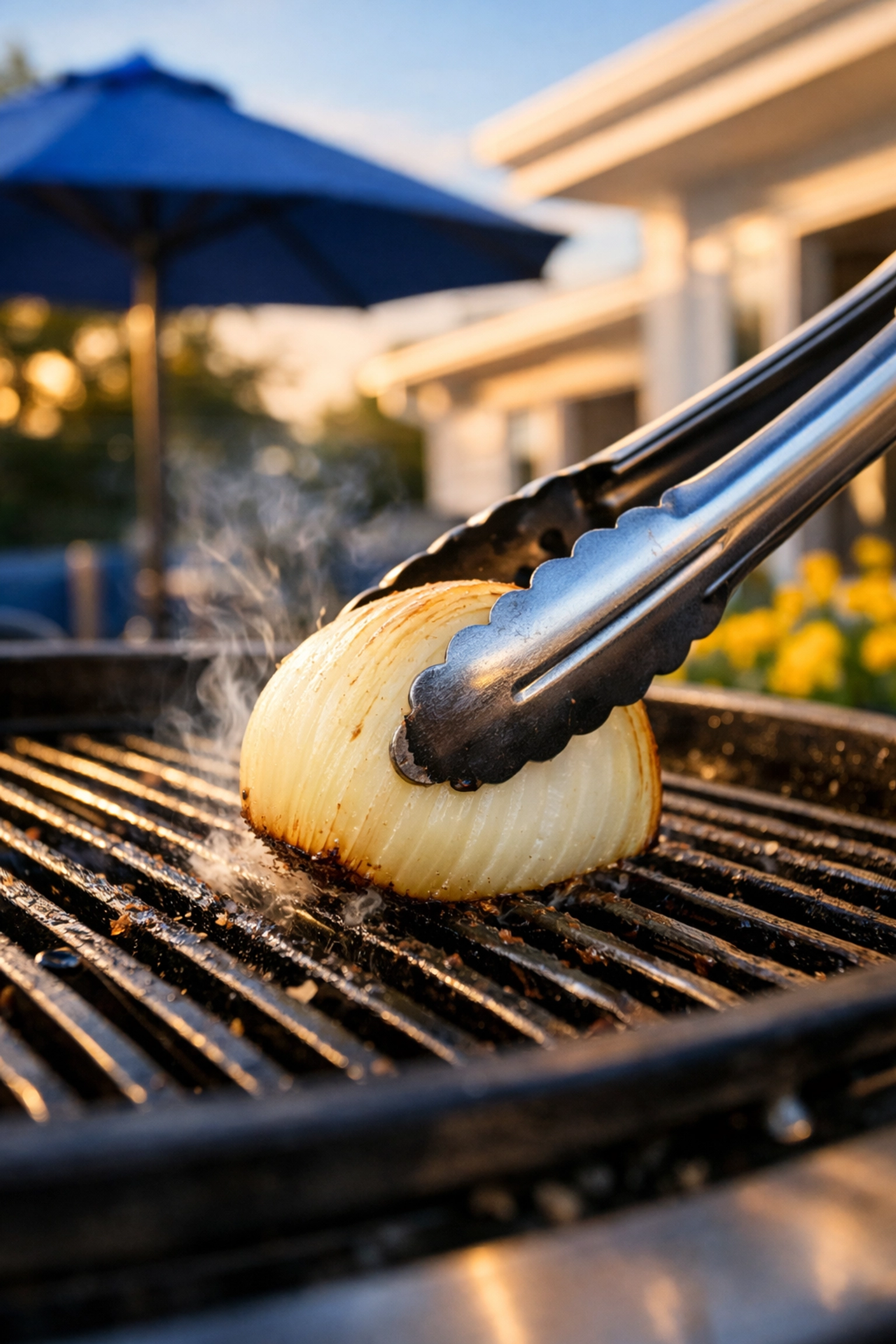 Scrubbing an outdoor charcoal grill with a halved onion held by tongs for an eco-friendly clean.