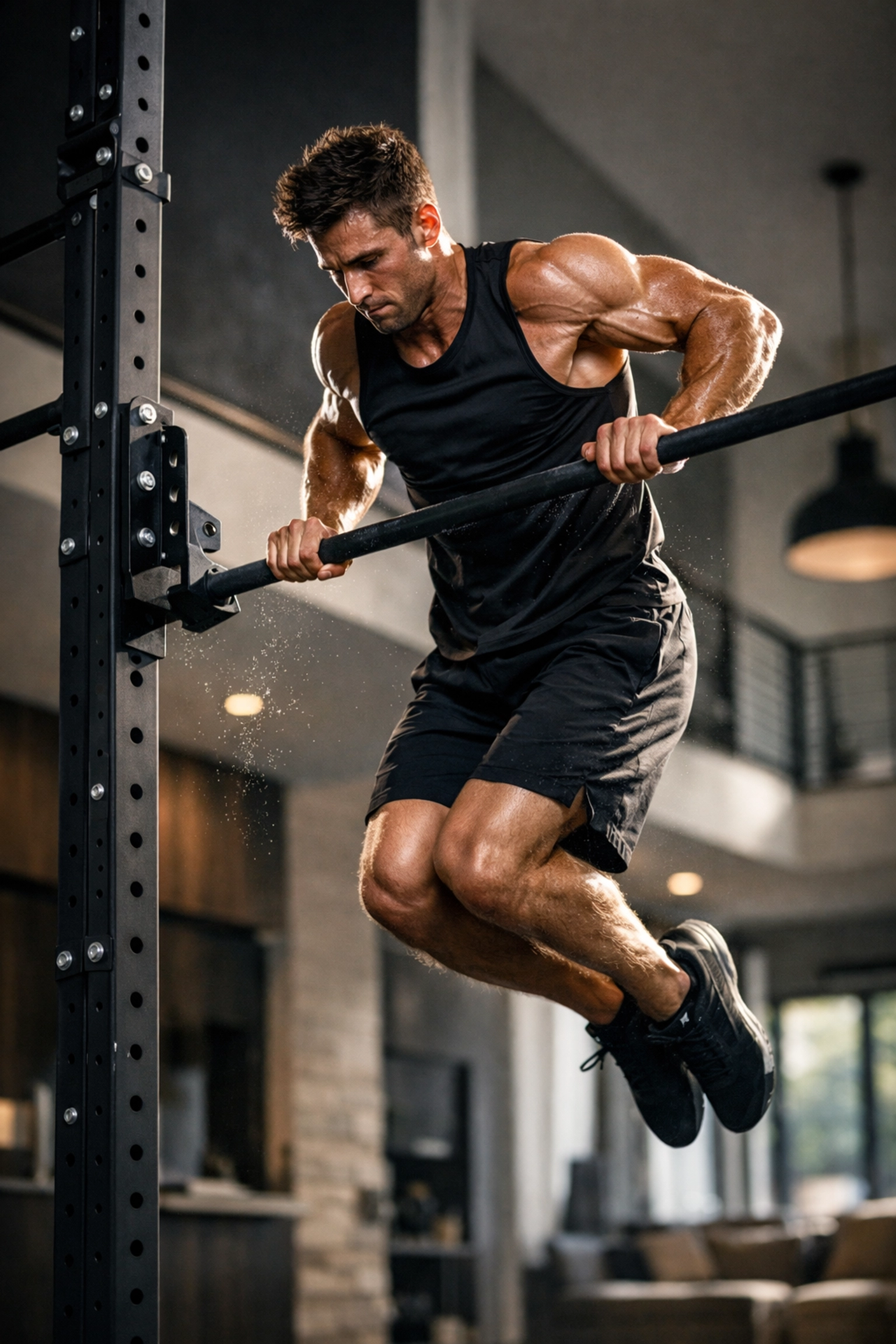 Athlete performing muscle-up on floor-to-ceiling home gym training system