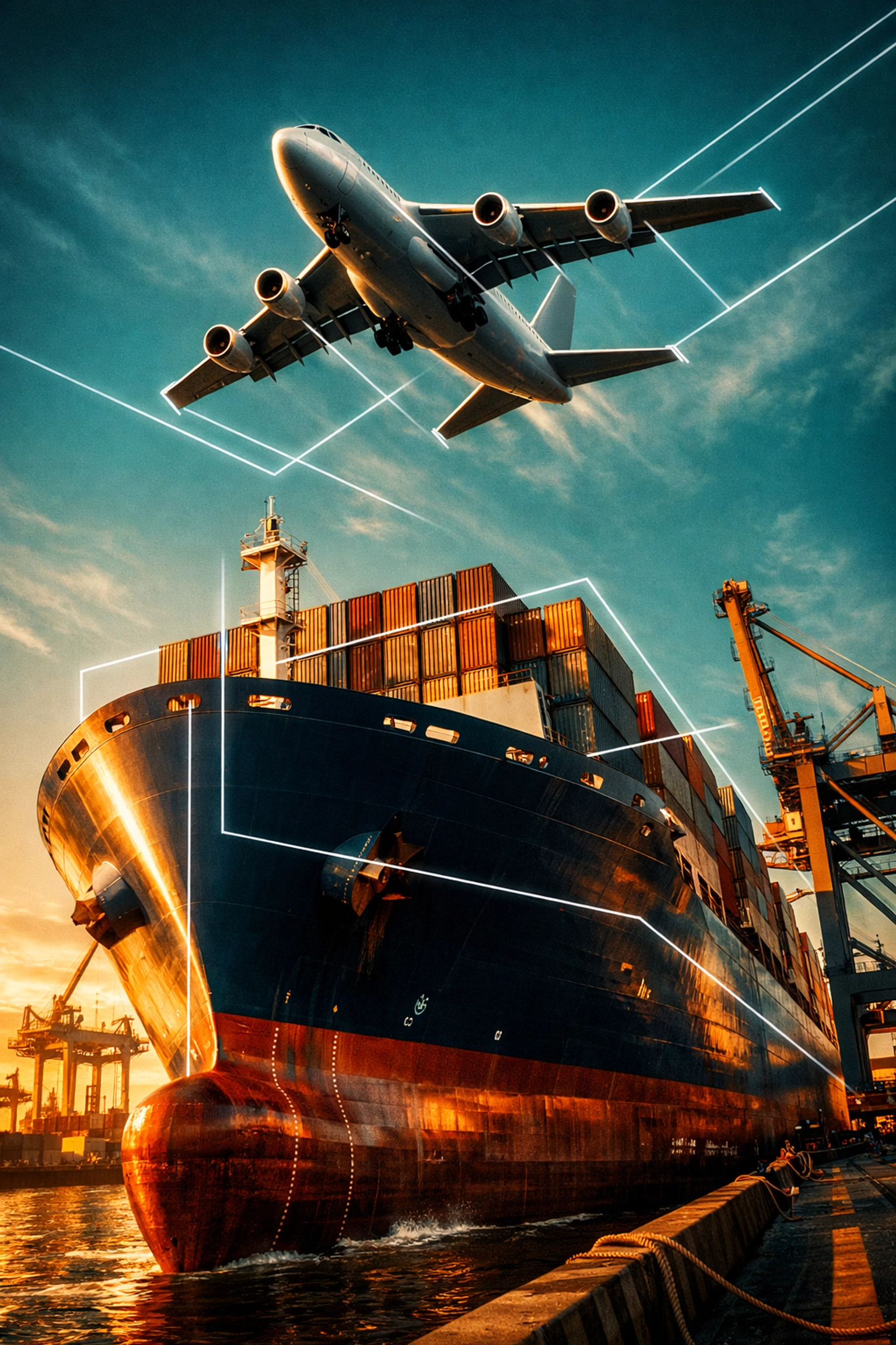 Cargo ship at a modern port with an air freight cargo plane taking off for global logistics.