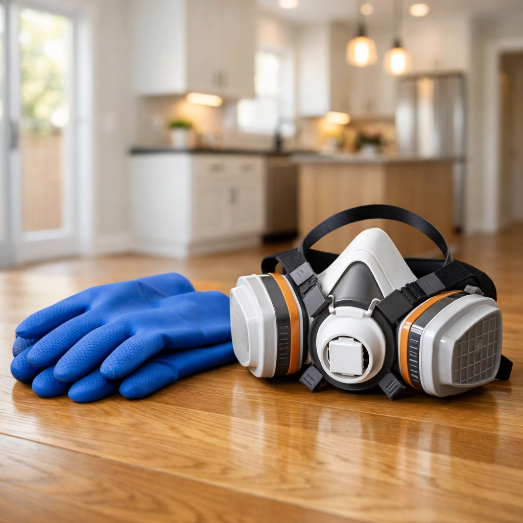 Essential safety equipment like gloves and masks for a safe post-construction cleaning Westford task.