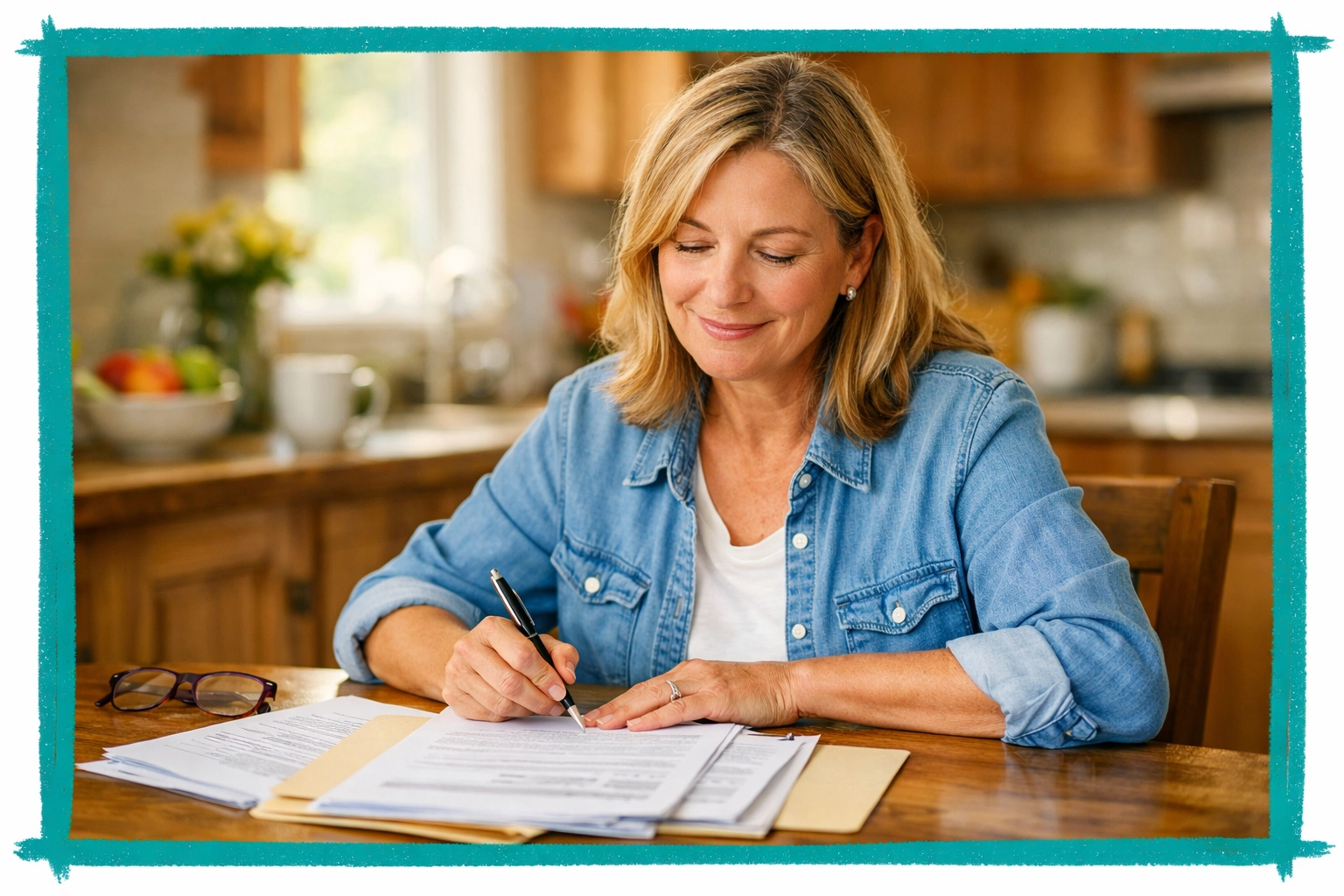 Connecticut executor calmly reviewing estate legal papers at a sunlit kitchen table.