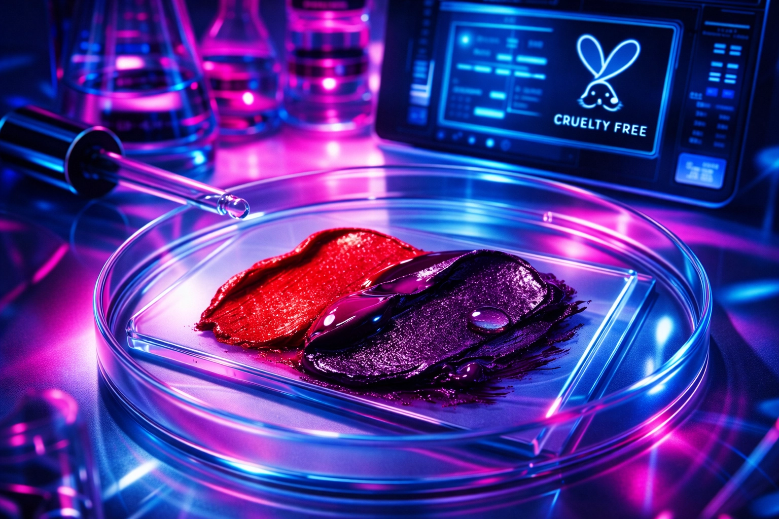 Cruelty-free liquid velvet lipstick pigments on a laboratory slide illustrating makeup science and vibrancy.