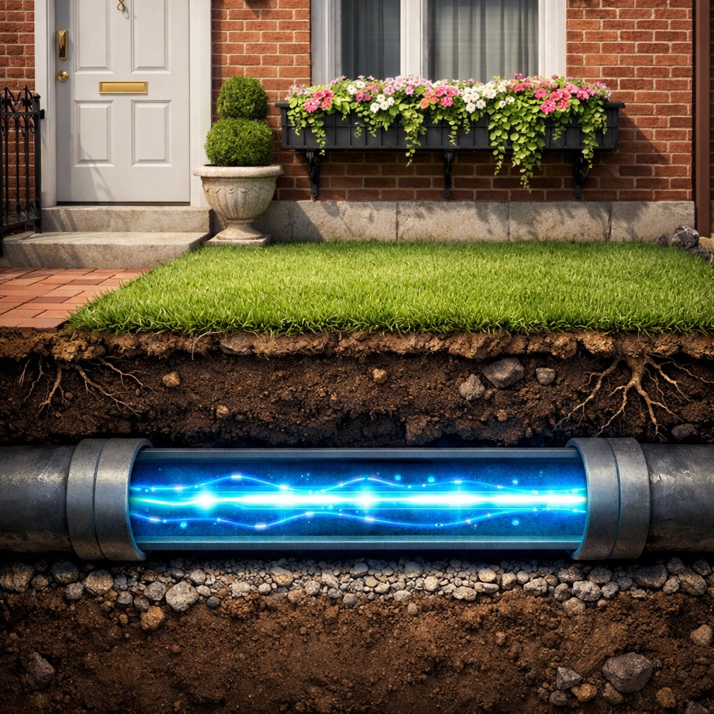 Cross-section of a yard showing non-invasive sewer line repair Philadelphia without digging up the lawn.