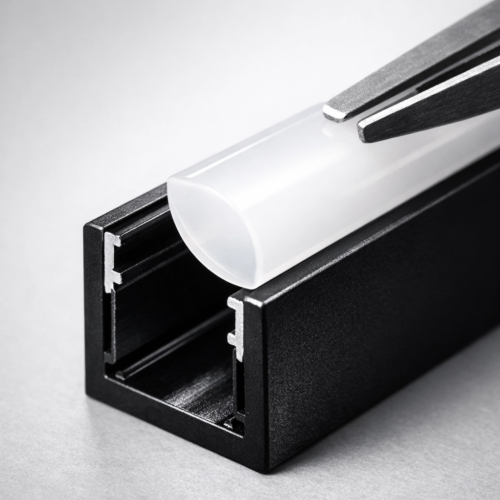 Installation d'un diffuseur opale dans un profilé LED noir pour un fini professionnel sans points.