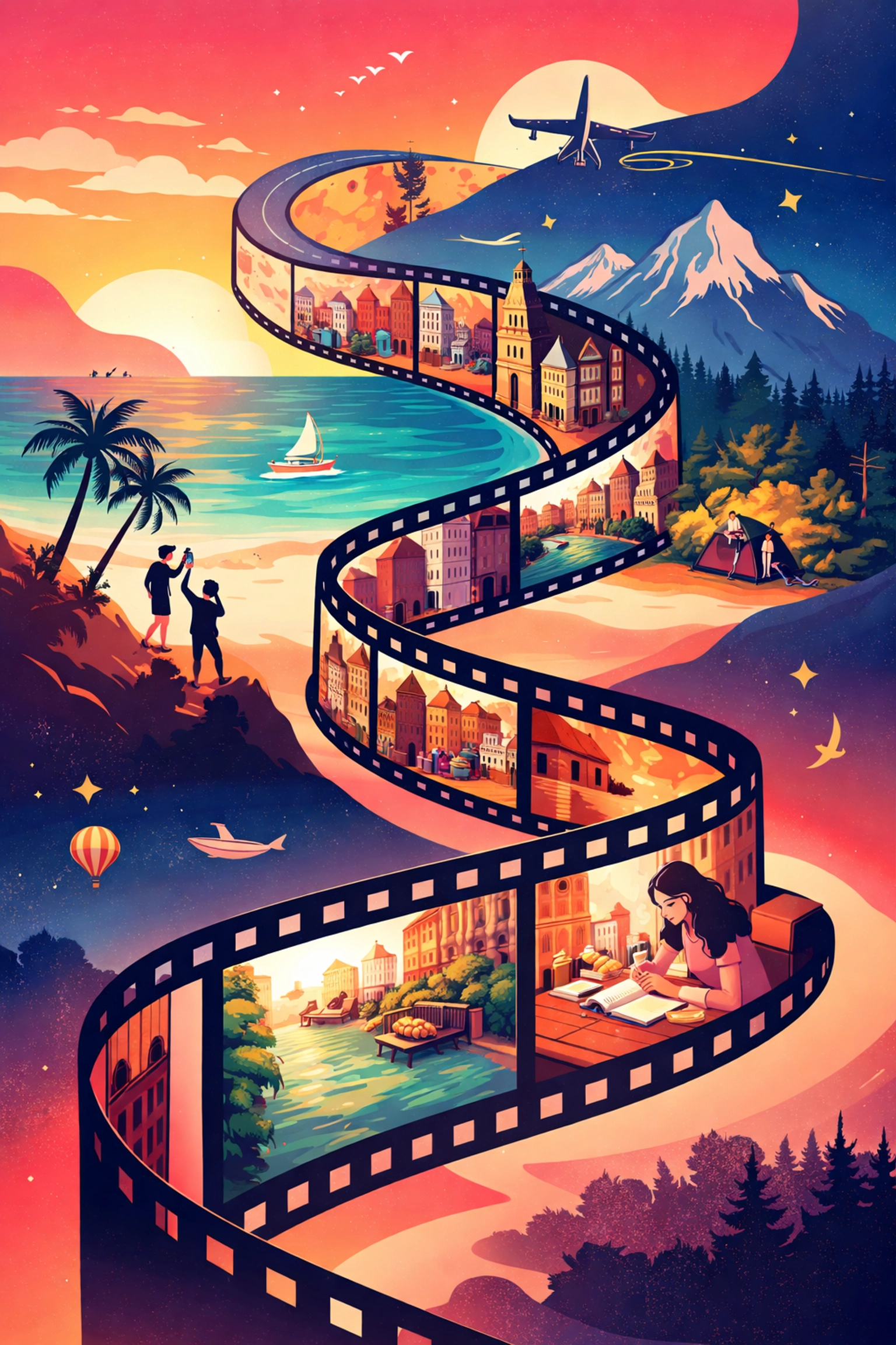Illustrated storytelling journey showing a travel path through beach, city, and mountain scenes, representing episodic travel content.