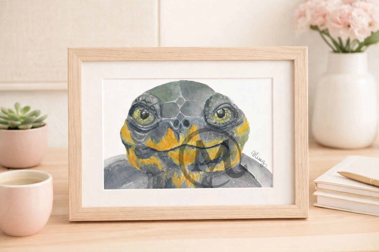 Missy’s original turtle watercolor artwork placed into a cozy desk frame mockup with Missy’s watermark and signature fully visible.