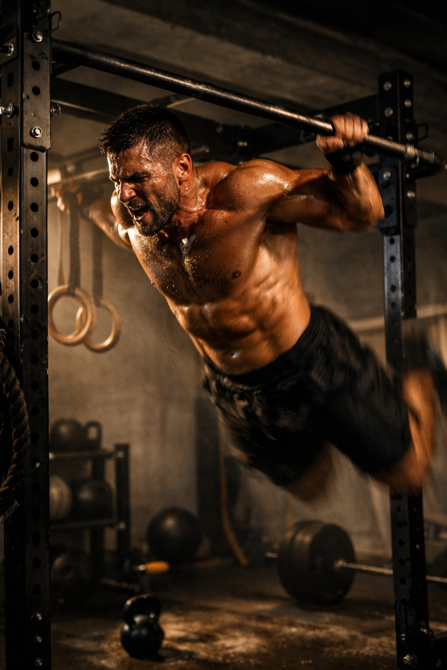 CrossFit athlete performing explosive muscle-ups on versatile home gym equipment