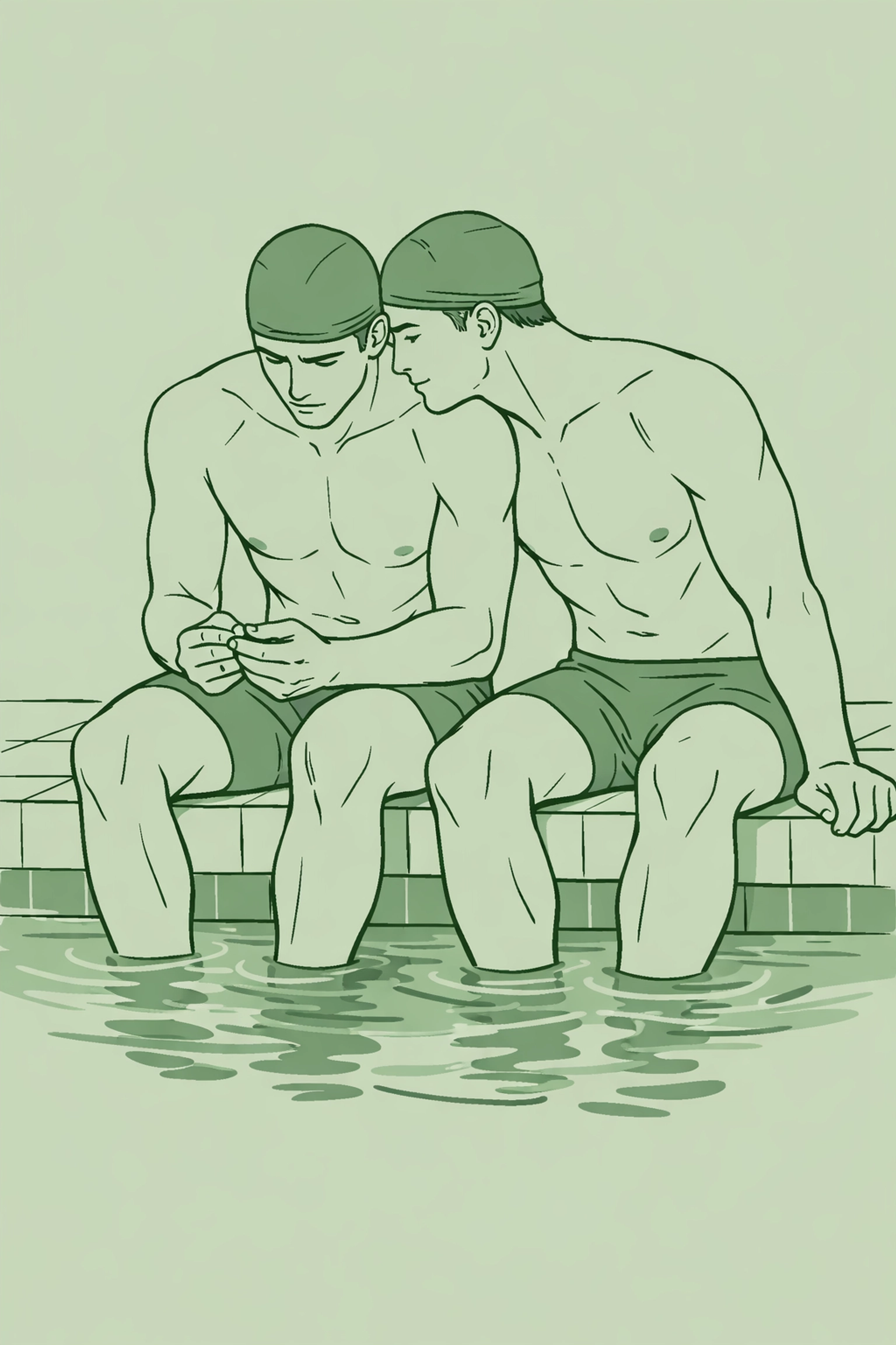 Emotional moment between two male swimmers by a pool in a high-angst gay sports romance story.