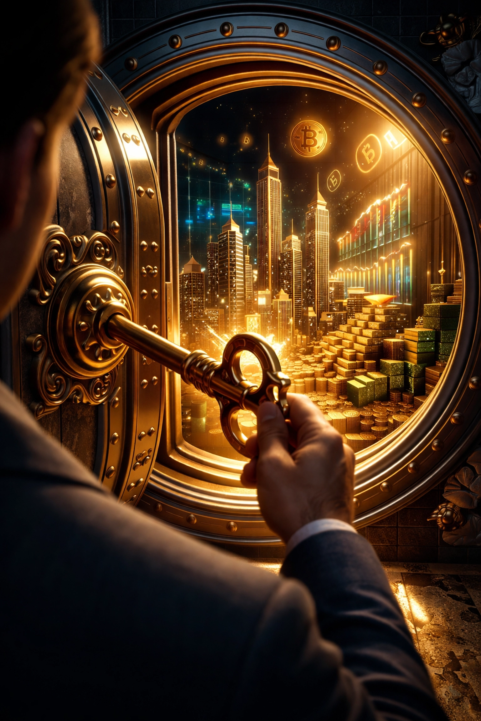 Golden key unlocking a vault filled with exclusive investment opportunities like gold, real estate, and crypto assets.